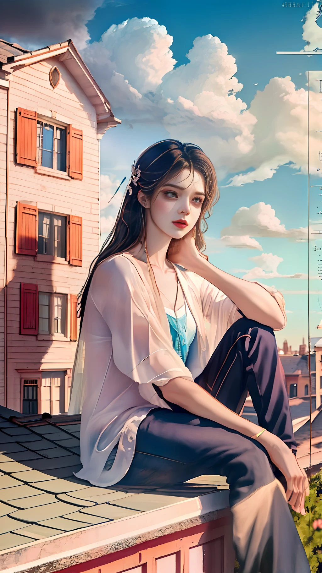 Blue sky, white clouds, houses, panoramic background, handsome man sitting on roof immersed in inner pain. Her eyes were full of melancholy and affection, and her helpless gaze showed endless sadness. His beautiful face hides the story, detail, ultra-high-definition picture quality, photo texture, panorama.