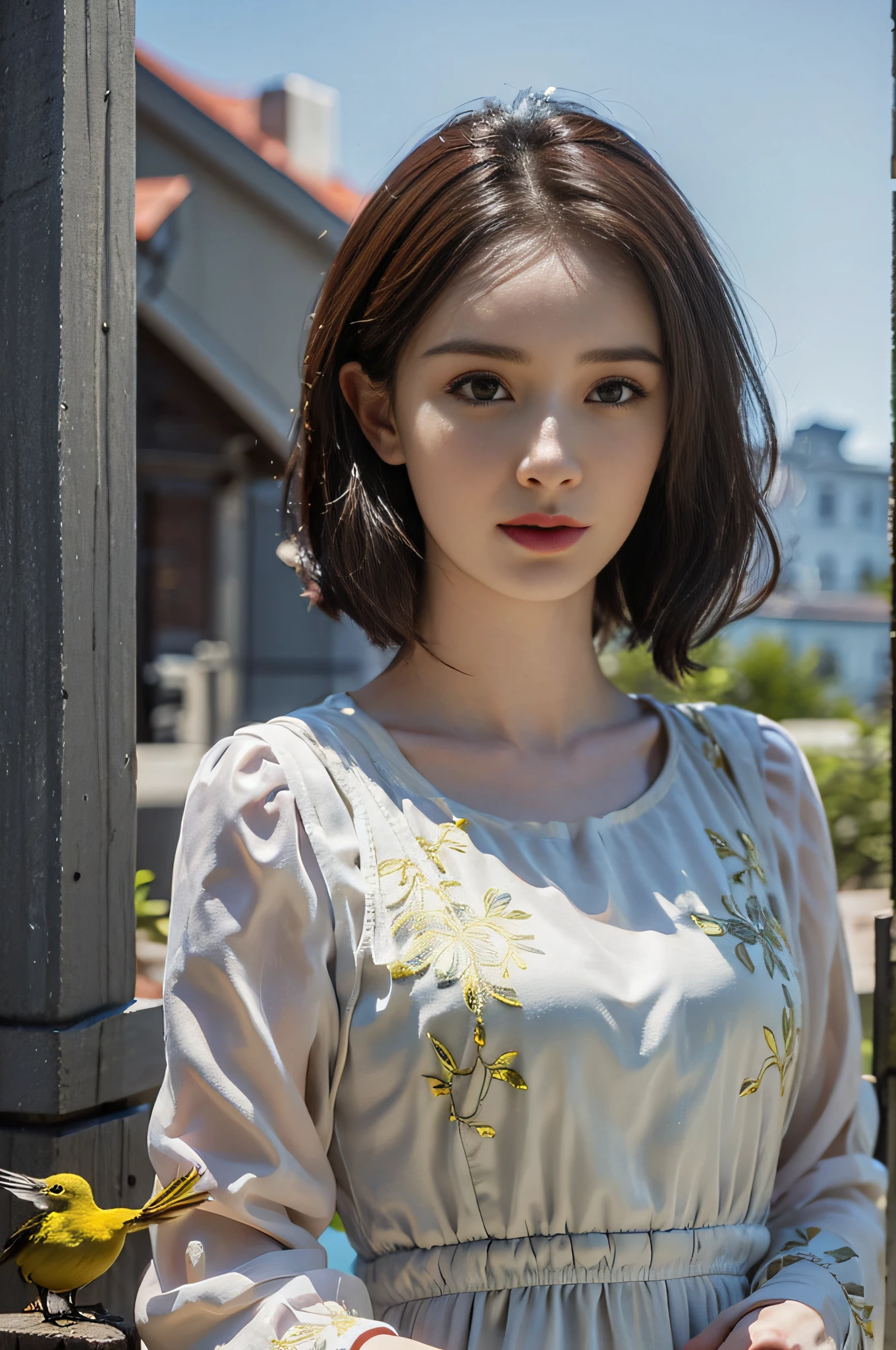 yangmi, mimi, (strong yellow bird print porcelain dress), (white long sleeves), 1 girl, (upper body), high heels, (short hair: 1.1), (realistic: 1.7), (best quality)), ridiculous, (ultra high resolution), (realistic: 1.6), realistic, octane rendering, (hyperrealism: 1.2), (realistic face: 1.2), (8k), (4k), (masterpiece), (realistic skin texture), (illustration, movie lighting, wallpaper), (beautiful eyes: 1.2), (perfect face))), (cute), (standing), (brunette hair), (long hair), black eyes, red lips, (outdoor),