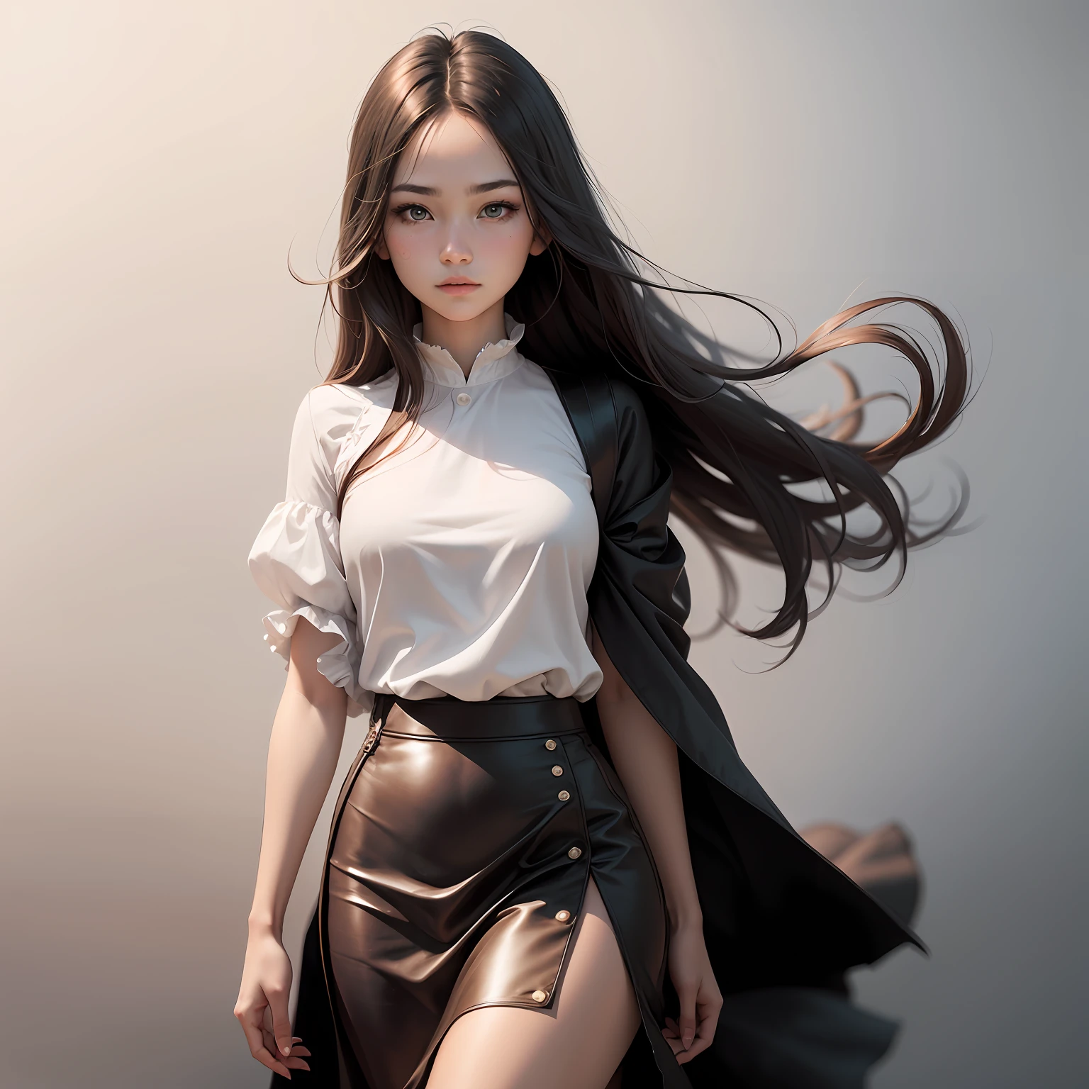 1 girl, calm expression, charming eyes, straight long hair, flowing skirt, calm posture, porcelain-like skin, subtle blush, (edge lighting): 1.2, white background, modern minimalist style female, facing right --auto