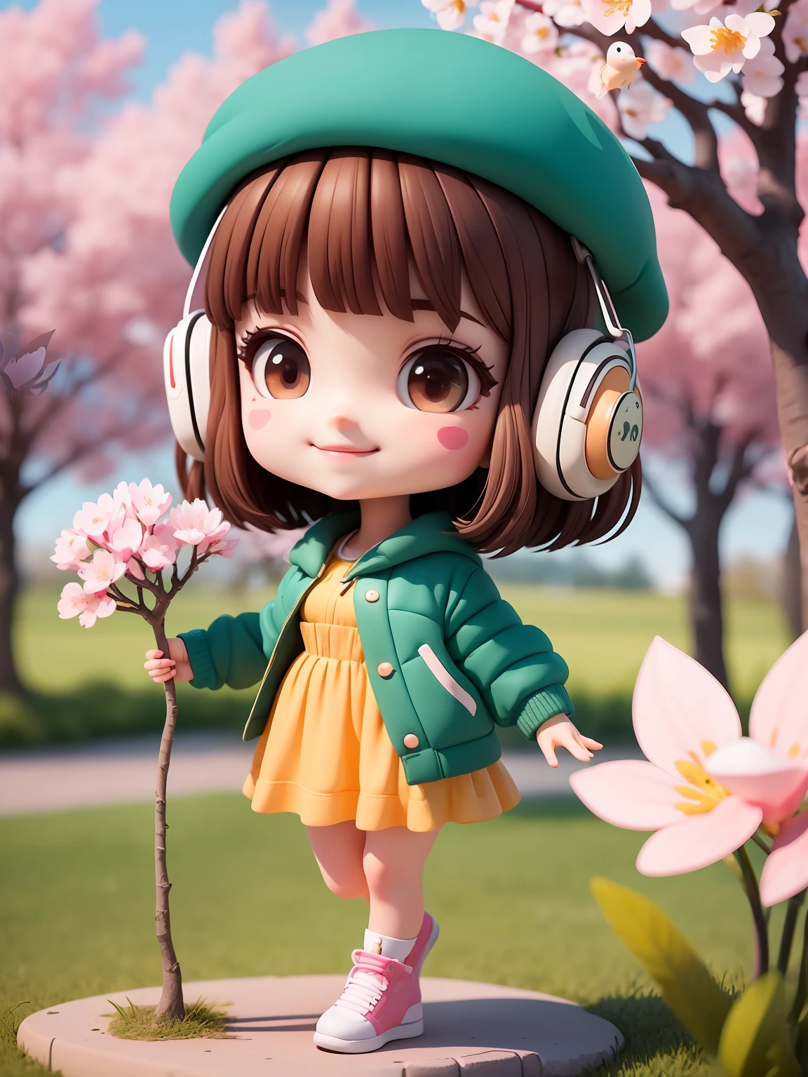 (masterpiece),(best quality),(ultra-detailed), (full body:1.2),
1girl, chibi, cute, smile,
birds, outdoors, dancing, music, beret, jacket, blush, tree, :3, shirt, short hair, cherry blossoms, blurry, brown hair, blush stickers, long sleeves, bangs, blond hair, pink flower,
(beautiful detailed face), (beautiful detailed eyes),