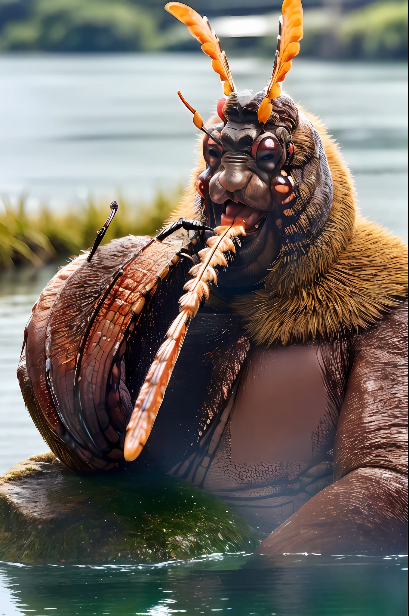 Abe Shinzo, (((insect))), ((long tongue)), eat, evil smile, backlighting, a swimsuit, bodybuilder, Mascular, (bestquality), grasslands, (((river))), cowboy shot, (masterpiece),