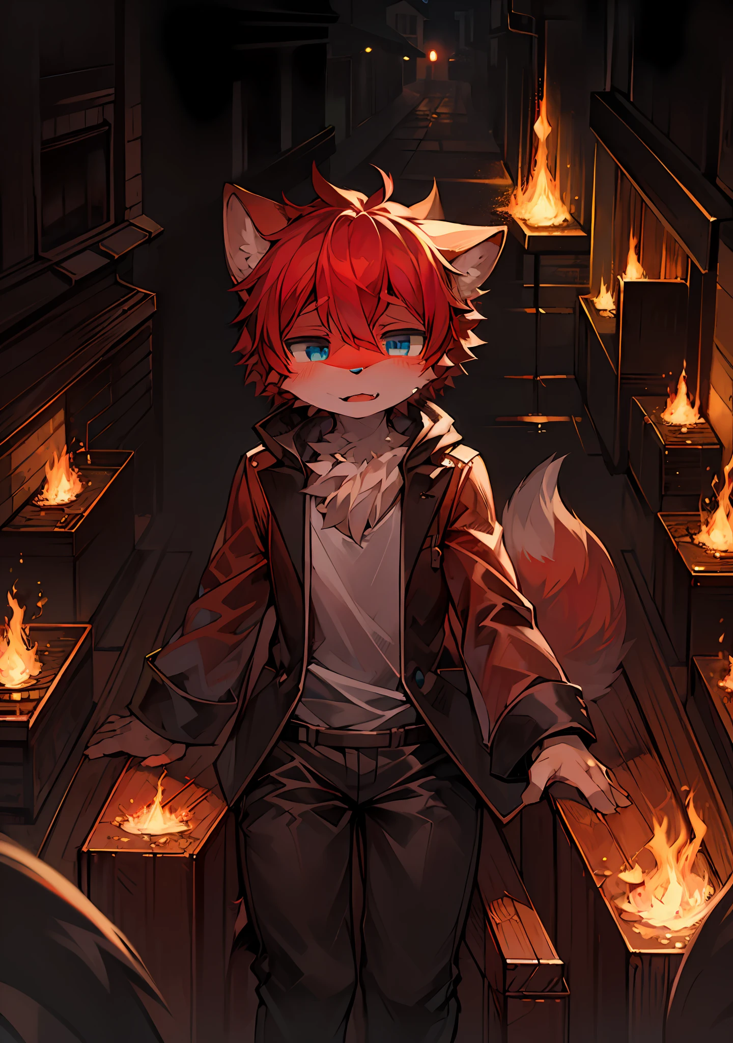 (Dark Environment: 0.8), Masterpiece, High Quality, Abstract Res, Digital Painting\(artwork\), by Dagasi, Yupa, Kiyosan, (Anthro, Fluffy Fur, Character Focus: 1.1), Anthro Male Cat, Short Hair, Portrait , dim eyes, panorama, character focus. (Detailed background: 0.8), Solo, Furry, Furry male, Male focus, Anthr, (full body fur, fluffy tail, red fur, blue eyes, red hair: 1.2), (long canine, integrity, magic: 1.2), (exterior, dusk, street, coffin: 1.1)