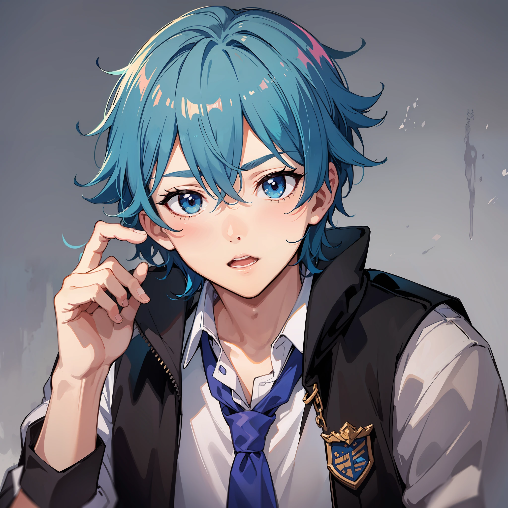 2d anime style, young male, blue hair,school clothes