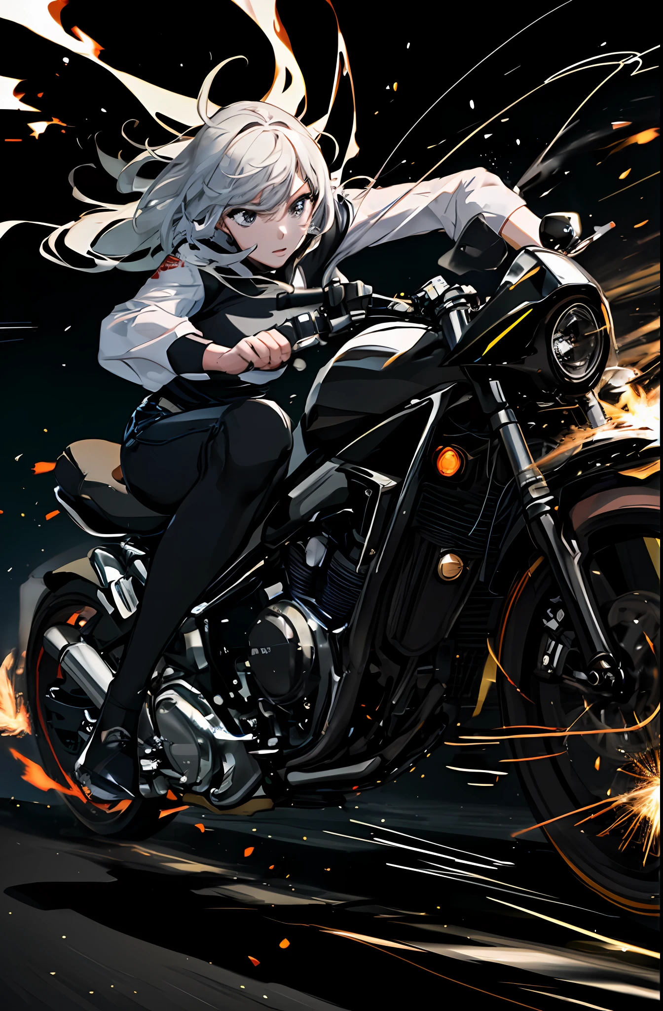 A (speeding) motorcycle the city at high speed,(slow motion:1.3),(Motion blur:1.3),(speed lines:1.4),sense of speed,1girl.
Sparks and smoke coming out of tires