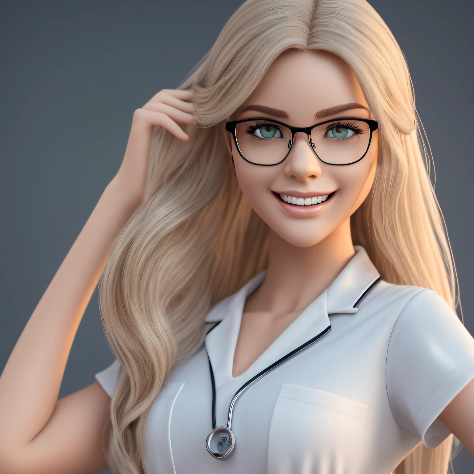 8k, RAW photo, top quality, master masterpiece: 1.2), super detail, super resolution, (reality, real photo: 1.37), hd raw color photo, professional photo, very detailed and beautiful, highly detailed, 8k wallpaper, amazing detail, huge file size, official art, highly detailed CG Unity 8k wallpaper, highly detailed blonde beautiful girl, highly detailed face, highly detailed eyes, very detailed skin, highly detailed fingers, Very detailed nose, highly detailed mouth, perfect anatomical proportions, detailed background, detailed clothes white nurse uniform, (20:1.2), 30s, realistic detailed smile, realistic body, full body, (pole dancing), (with glasses), (plump)))), fair skin, glowing skin --auto