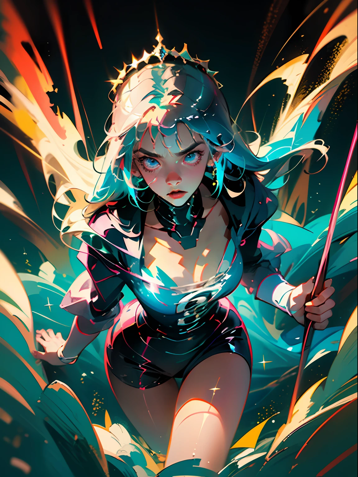 1girl, fringe, blue eyes, exiting water, wearing a blue transparent robe, holding a blue staff, strong wind and water around her, waves flowing around the woman, wet body, at the beach, clear water, at night, aurora boreal, light blue hair, twin drills, shiny hair, halo, tiara, fish hair ornament, glowing eyes, angry, serious, evil, anime, Action painting, anime style, blurry, sparkle, motion blur, depth of field, cinematic lighting, film grain, drop shadow, Fujicolor, silhouette, speed lines, masterpiece, anatomically correct, high details, best quality, high quality, highres