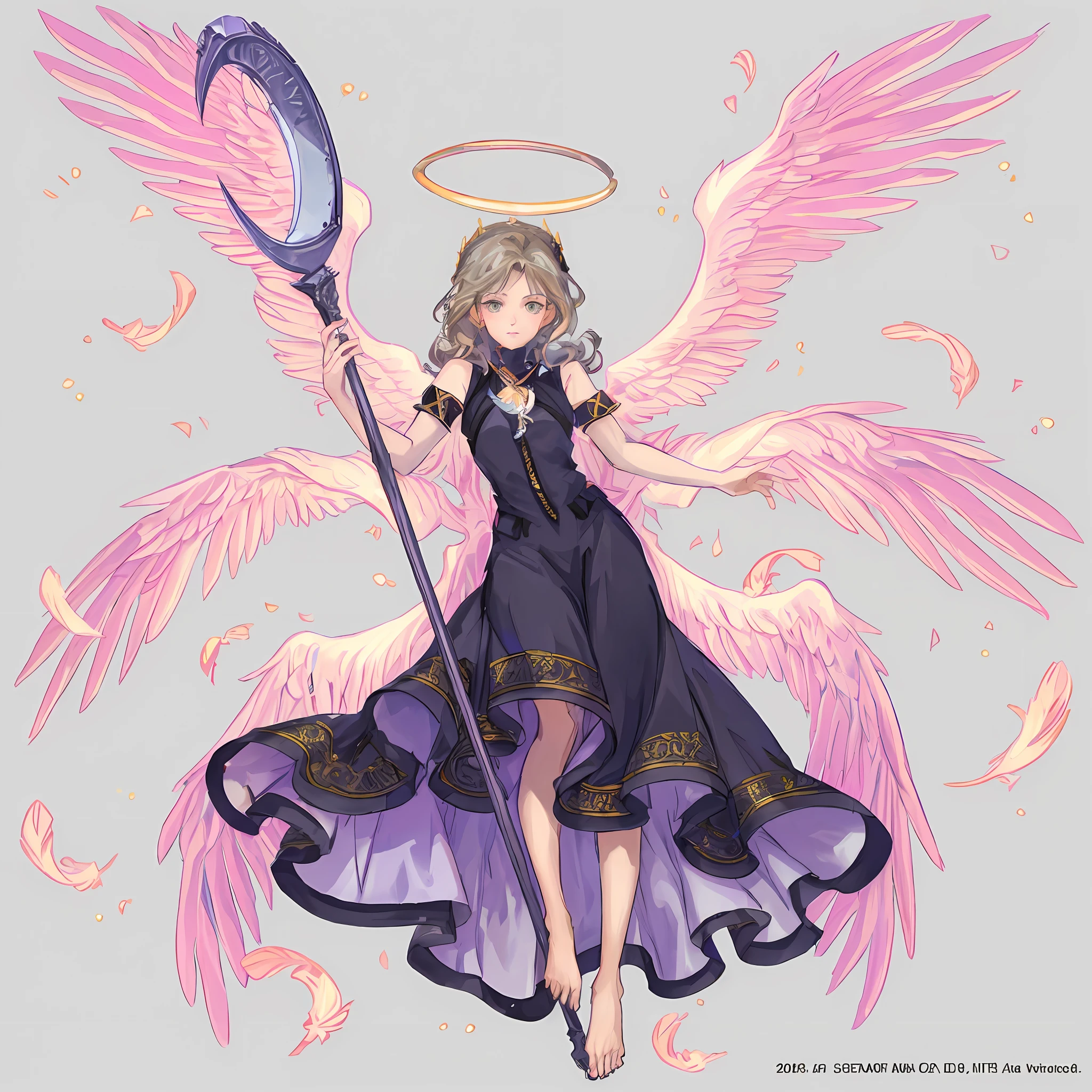 a drawing of a woman with a scythe and a scythe in her hand, full - body majestic angel, angel knight girl, as a mystical valkyrie, anime goddess, highly detailed exquisite fanart, seraphim, of beautiful angel, cushart krenz key art feminine, low angel, angelical, with large wings, tall female angel