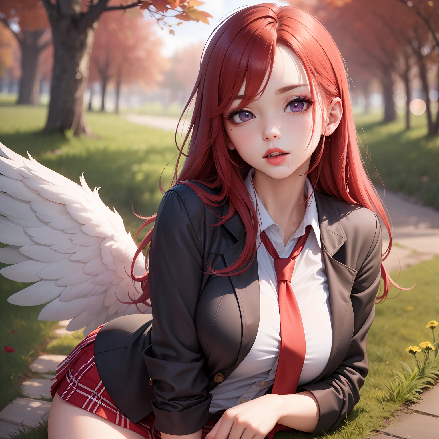 Beautiful red-haired woman with long, straight hair falling under her shoulder, wearing high school clothes, blouse with red tie and red mini skirt, black socks that go up to the knees and All Star sneakers, with angel wings with the color purple, red makeup around the eyes making a drawing on the face, purple color eyes, red lipstick, a mole on the left side of the mouth, perfect face, expression of shame, cute expression, perfect body, round chest, big ass, thick thighs, whole body, detailed scenery, detailed photo, masterpiece, 8k, raw photo, perfect lighting