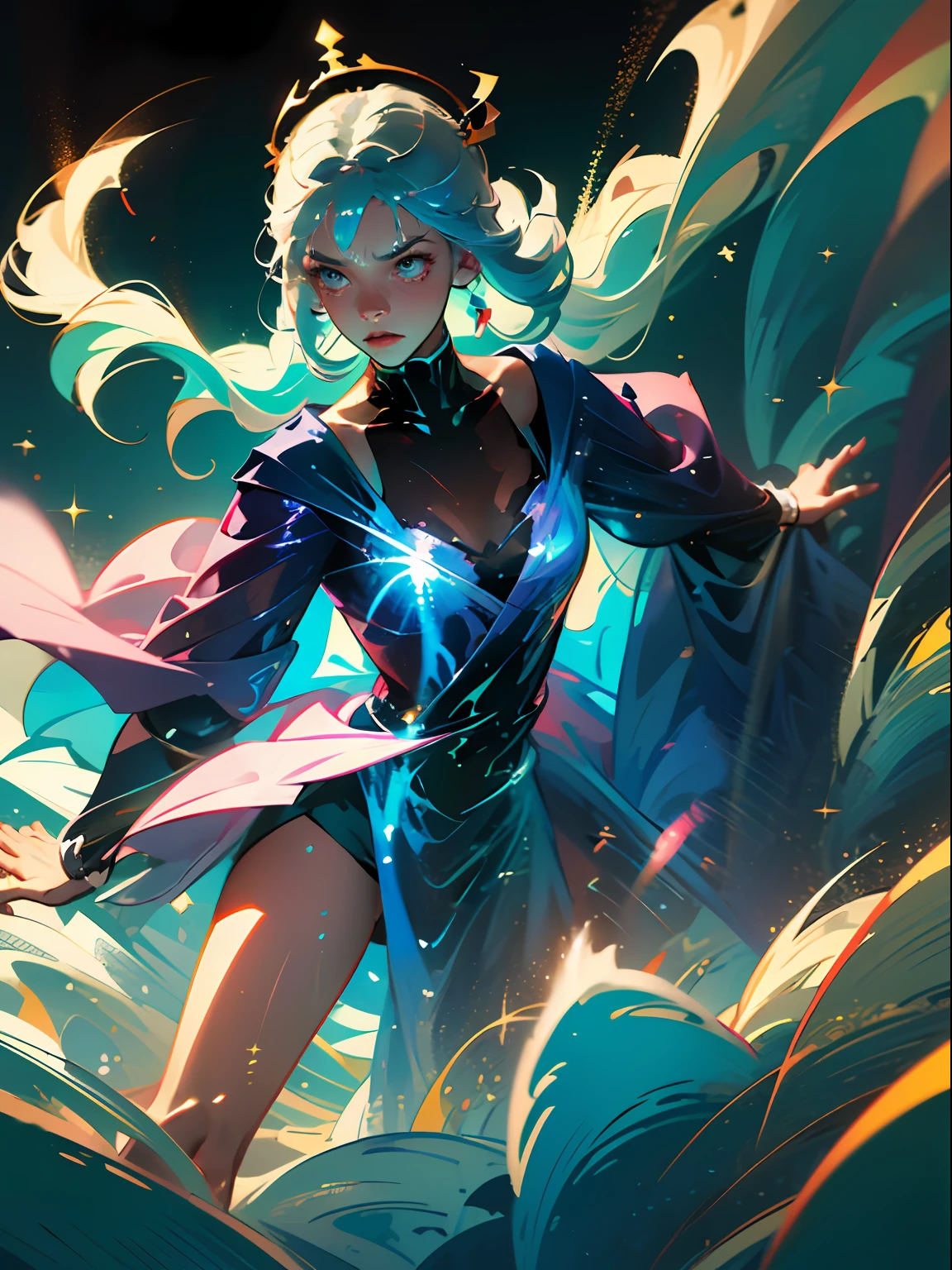 1girl, fringe, blue eyes, exiting water, wearing a blue transparent robe, holding a blue staff, strong wind and water around her, waves flowing around the woman, wet body, at the beach, clear water, at night, aurora boreal, light blue hair, twin drills, shiny hair, halo, tiara, fish hair ornament, glowing eyes, angry, serious, evil, anime, Action painting, anime style, blurry, sparkle, motion blur, depth of field, cinematic lighting, film grain, drop shadow, Fujicolor, silhouette, speed lines, masterpiece, anatomically correct, high details, best quality, high quality, highres