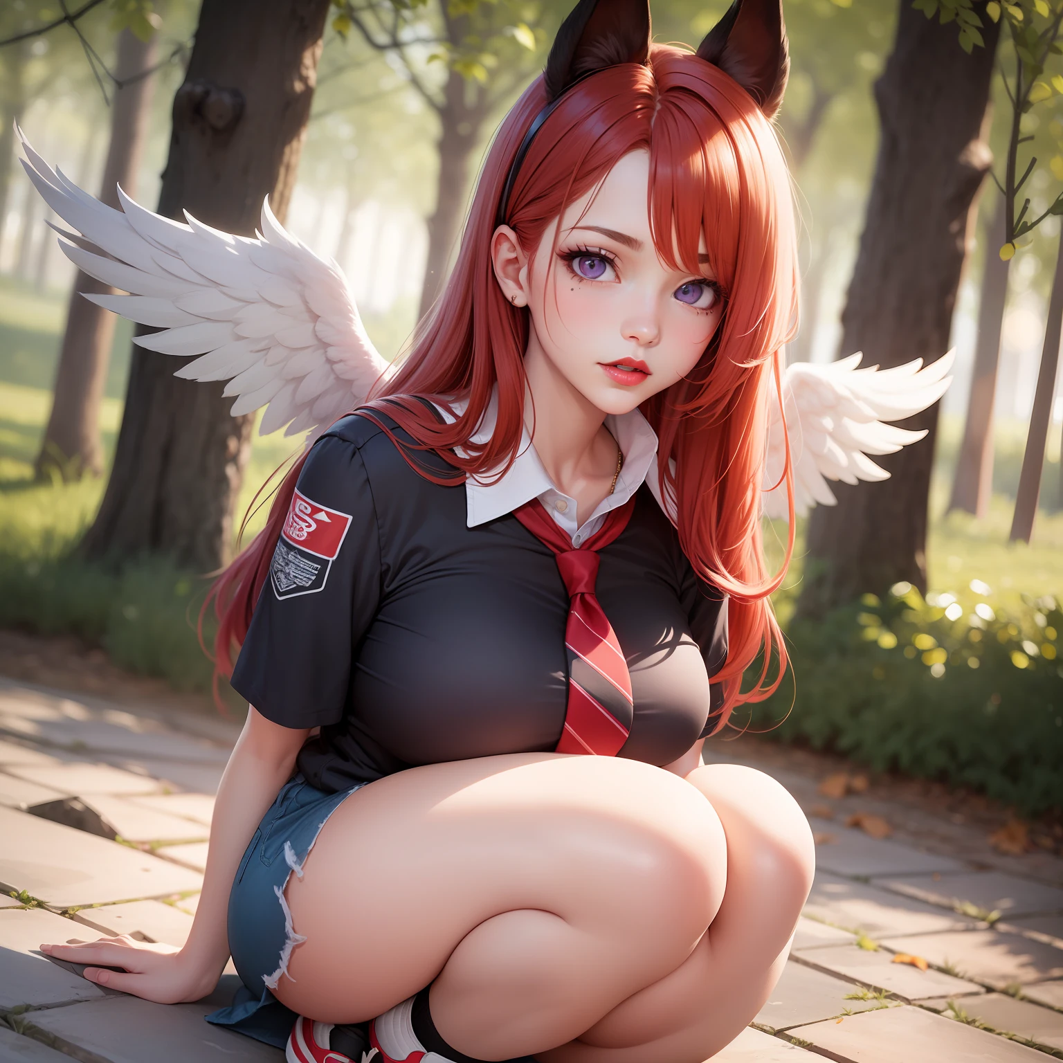 Beautiful red-haired woman with long, straight hair falling under her shoulder, wearing high school clothes, blouse with red tie and red mini skirt, black socks that go up to the knees and All Star sneakers, with angel wings with the color purple, red makeup around the eyes making a drawing on the face, purple color eyes, red lipstick, a mole on the left side of the mouth, perfect face, expression of shame, cute expression, perfect body, round chest, big ass, thick thighs, whole body, detailed scenery, detailed photo, masterpiece, 8k, raw photo, perfect lighting