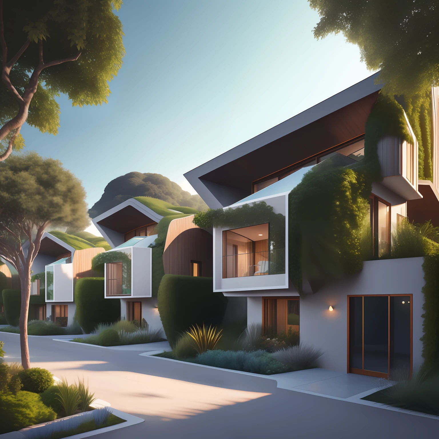 An architectural rending of an eco-community neighborhood of innovative contemporary 3D printed sea ranch style cabins with rounded corners and angles, beveled edges, made of cement and concrete, organic architecture, in a lush green eco community with side walks, parks and public space , Designed by Gucci and Wes Anderson, golden hour