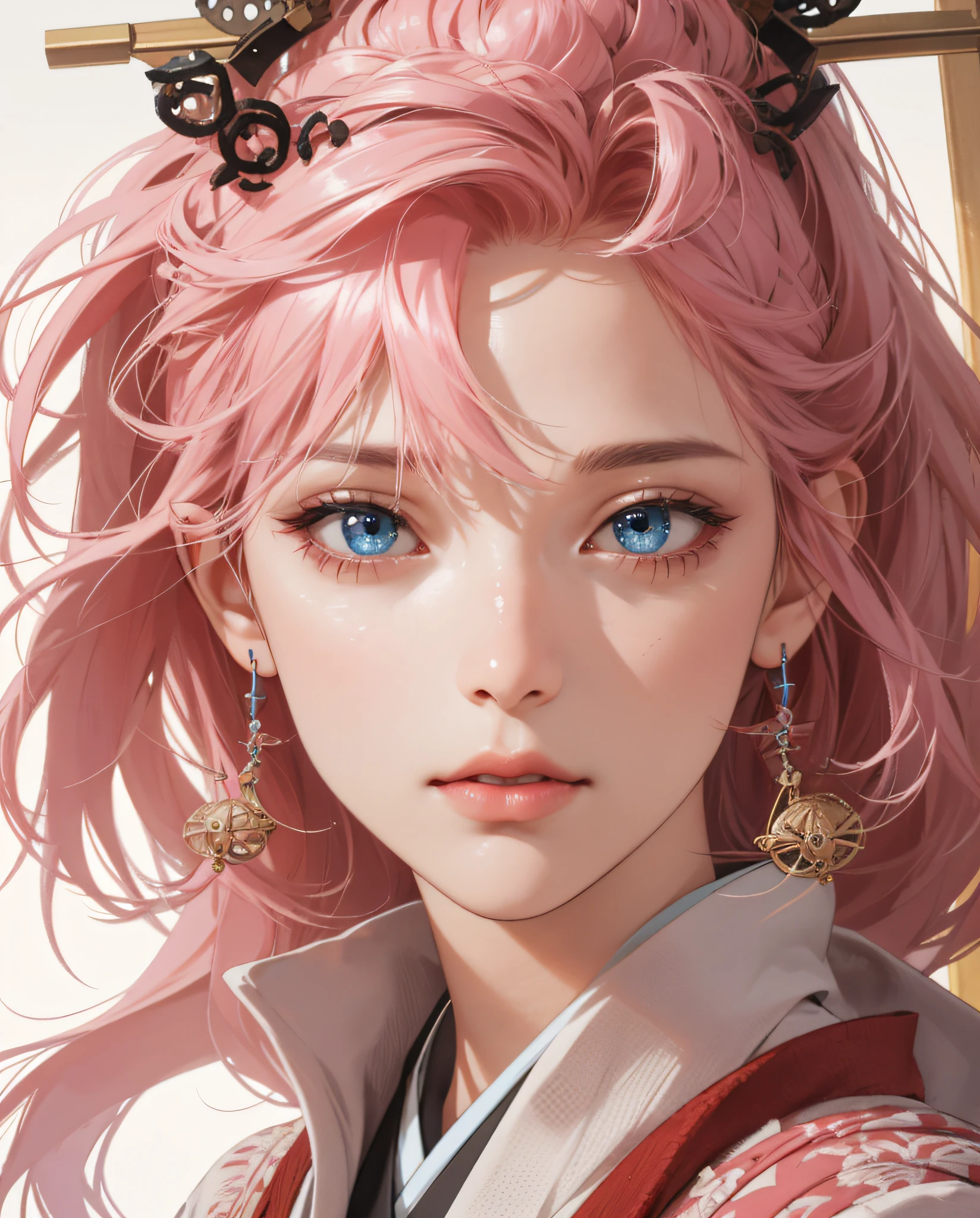(Absurd, High Resolution, Super Detailed), 1girl, Mature Woman, Intricate Details, Magnified Textures, Intricate Details, Fine Eyes and Detailed Face, Intricate Details, Pink Hair, (Shut Up), (Perfect Eyes, Equal Eyes), ((Japanese Clothes)), Ultra Realistic, Realistic Photos, Very Detailed 3D