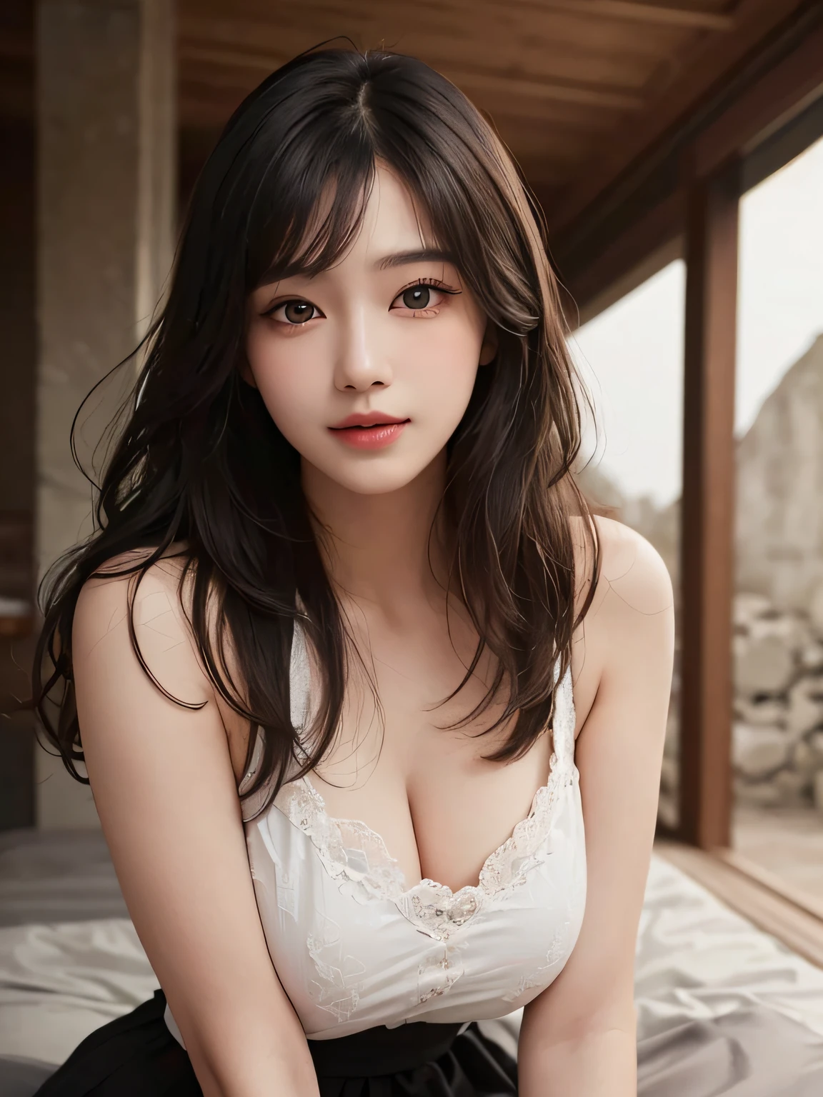 masterpiece, best image quality, high quality, beautiful woman, popular korean makeup, detailed, swollen eyes, detailed eyes, detailed skin, beautiful skin, super high resolution, (reality: 1.4), very beautiful, slightly younger face, beautiful skin, slim, (super realistic), (illustration), (high resolution), (8K), (very detailed) (best illustration), (beautiful detailed eyes), (super detailed), (wallpaper), (detailed face,big breasts, fine details, Detailed face, pureerosfaceace_v1, smile, realistic photos, bright lights, professional lighting, black hair, long hair, dark ruins, short skirt, mature woman, long and stylish bangs,