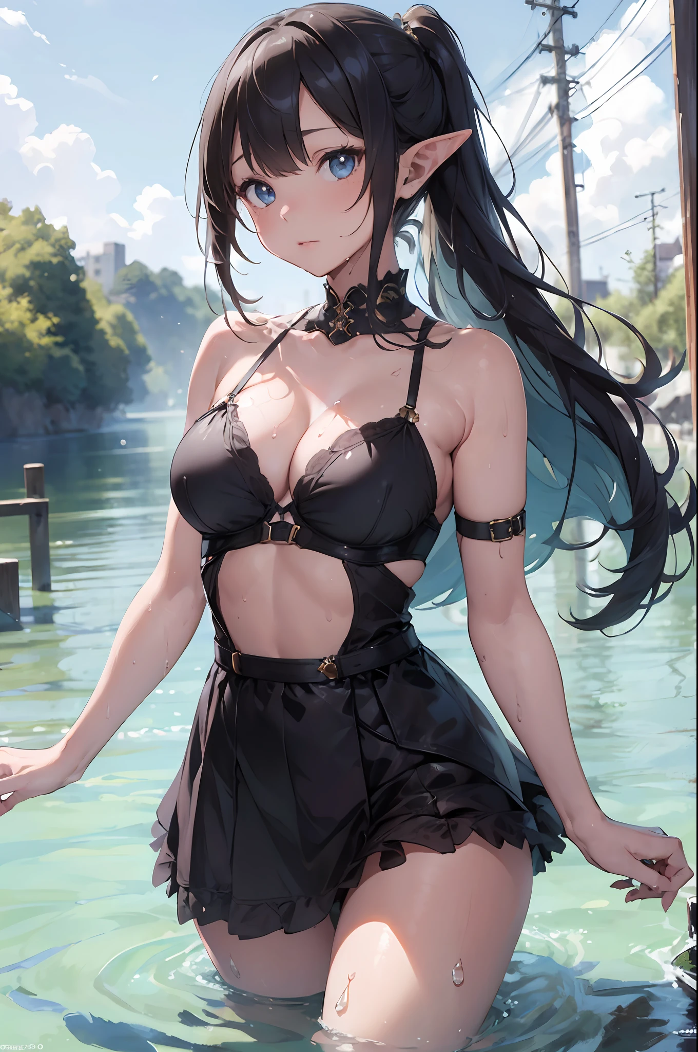 ((4k,masterpiece,best quality)), maxiskit, dress conservatively 1 girl, solo, laying on the water, wet skin, wet hair, white hair, long hair, elf ears, Valkyrie, armor, angel, white bra, side bang, from front, extra size body, look at viewer