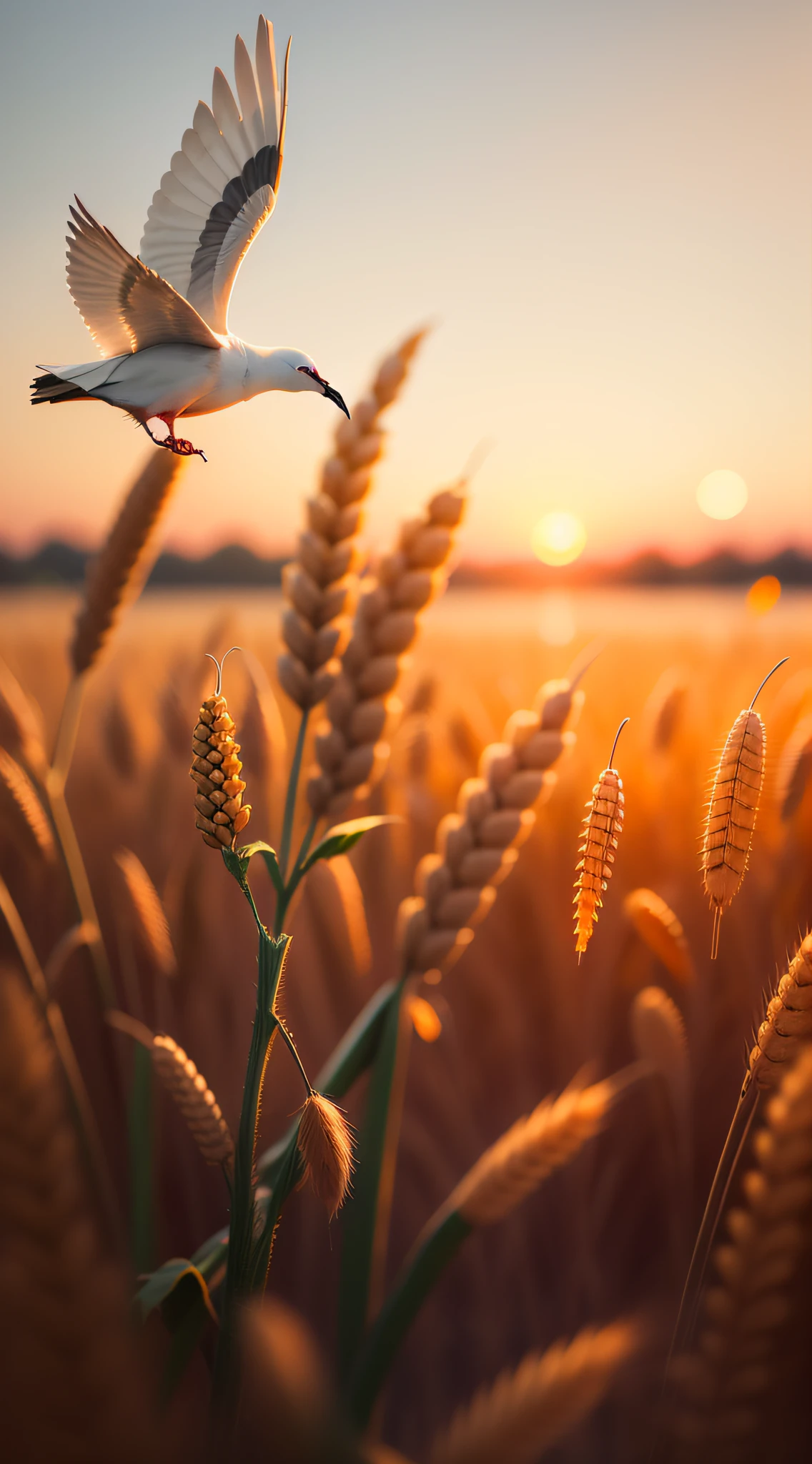 Best quality, masterpiece, high resolution, high resolution, 4k, 8k, bokeh, dusk, setting sun. The wheat was just ripe, the smoke was rising, and the white pigeon flew against the surface of the water, perched on a reed