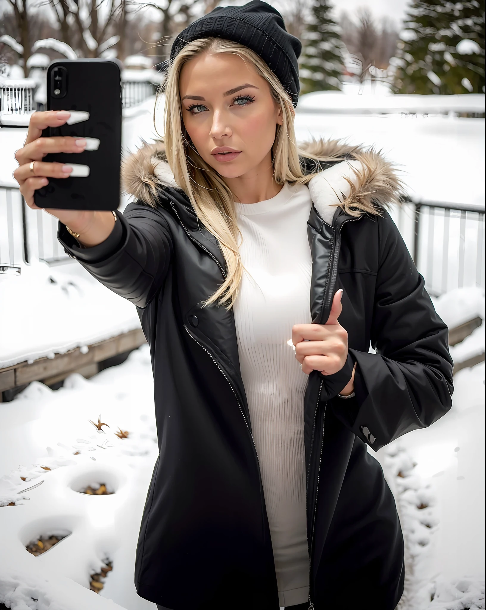 (Mikayla Demaiter) person taking selfie in the snow, ((wearing only fur coat)), (half body pose, selfie), lighting, wind(()),