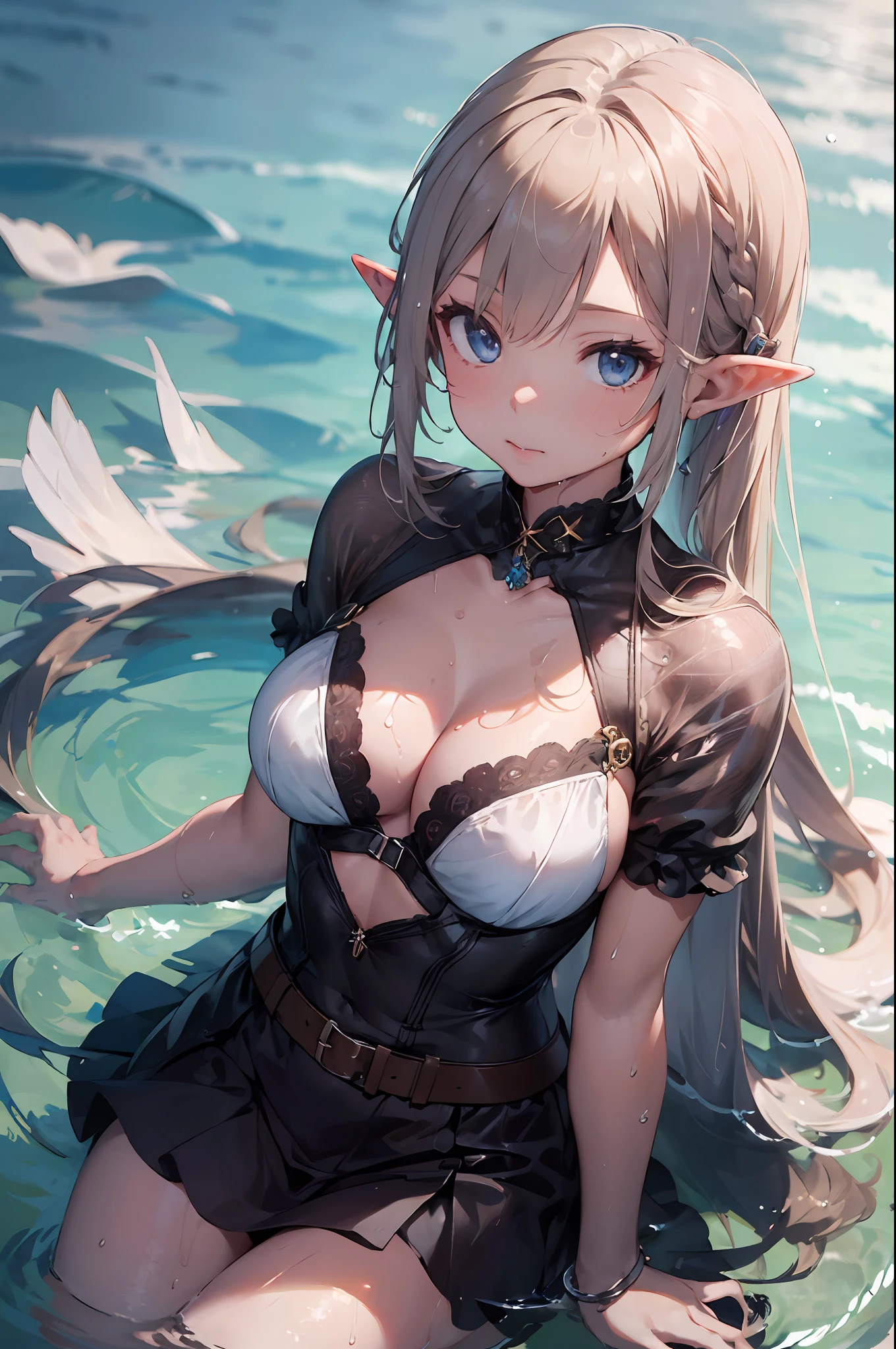 ((4k,masterpiece,best quality)), maxiskit, dress conservatively 1 girl, solo, laying on the water, wet skin, wet hair, white hair, long hair, elf ears, Valkyrie, armor, angel, white bra, side bang, from front, extra size body, look at viewer