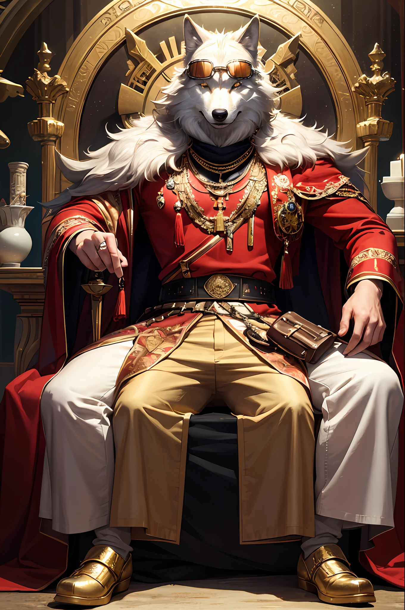 masterpiece, best quality, realistic, fashion wolf king, wolf, glasses on the head, gear, gemstones, goggles, gold, jewelry, magic circle, male_focus, little wolf, pants, shoes, sunglasses, tassel, throne,