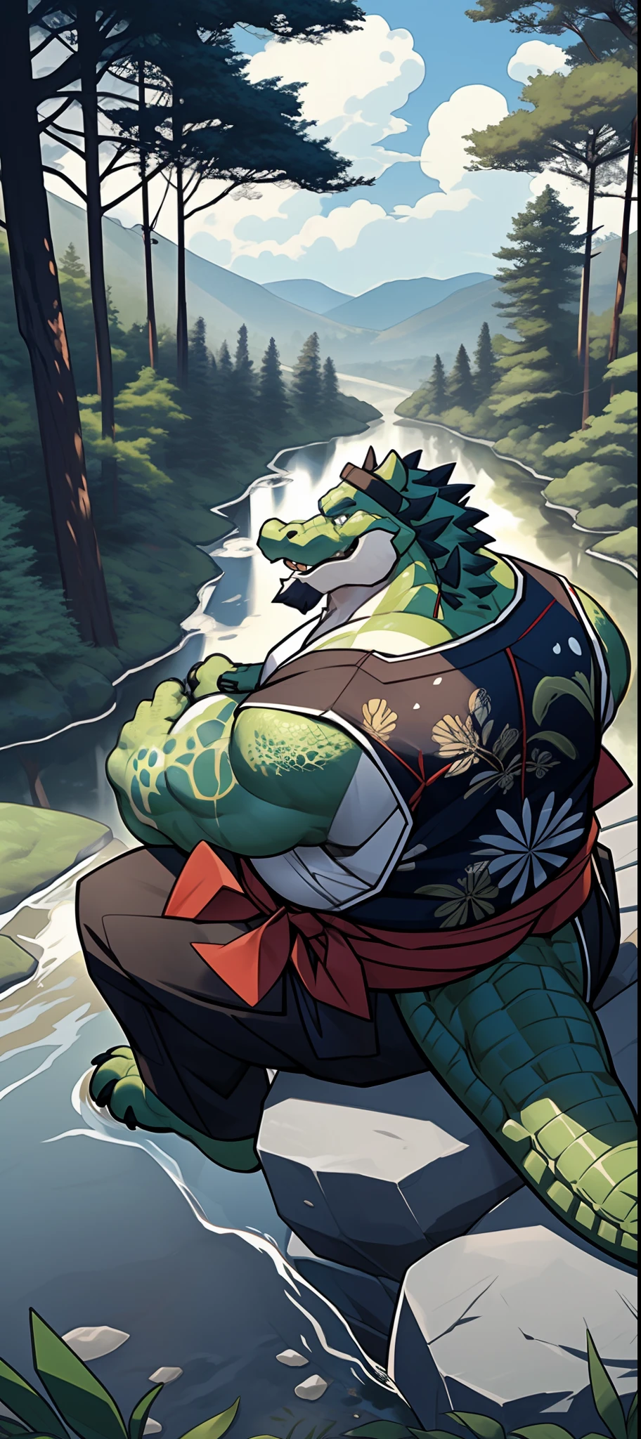 anthro, male, old chubby alligator, green Alligator, big fat. overweight, white beard, Samurai clothes, forest background, windy, sitting meditation on big rock (long_Beard), (mustache), (facing sideaway), ((pov high view)),