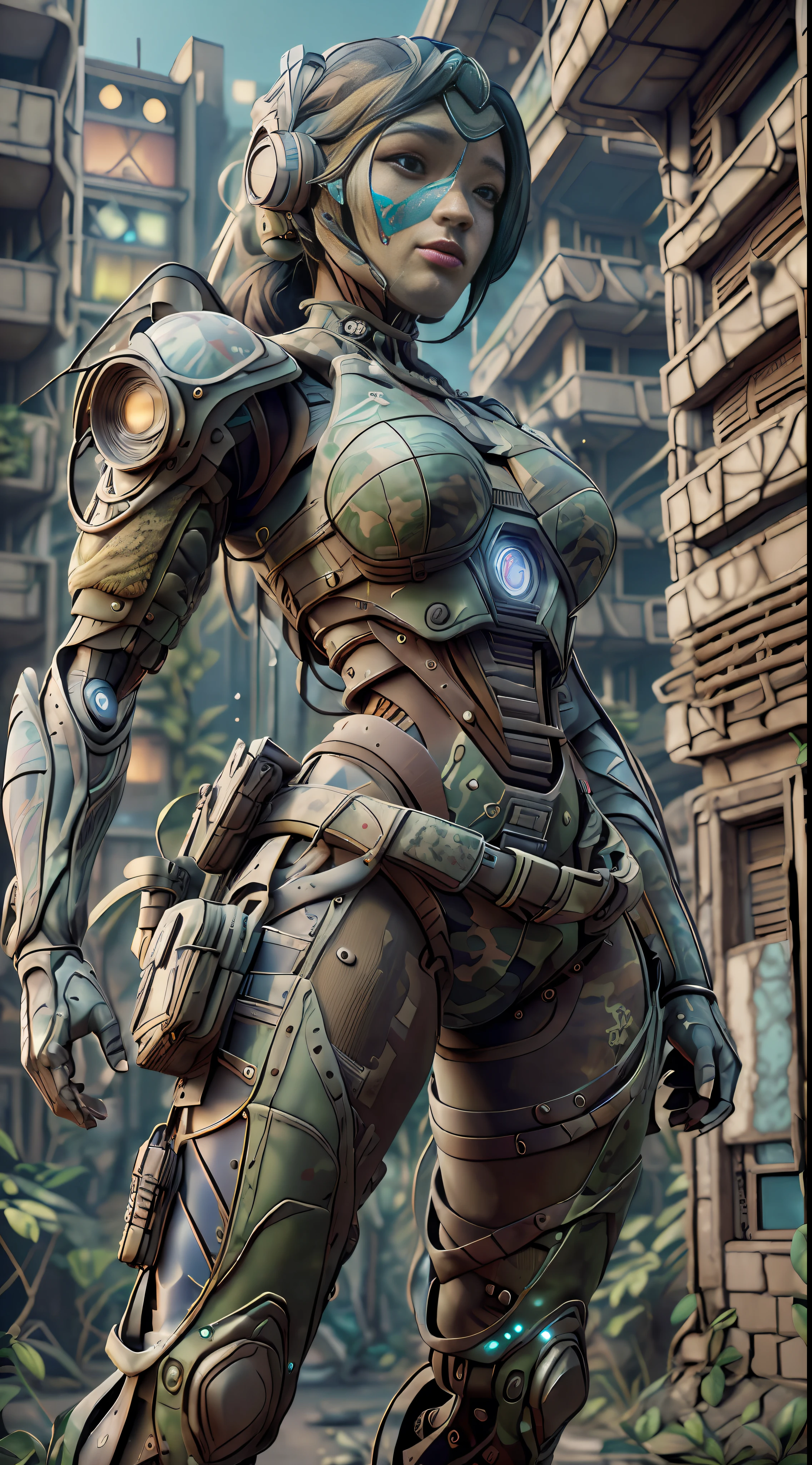 ((Best quality)), ((masterpiece)), (highly detailed:1.3), 3D, beautiful (cyberpunk:1.2) special forces, robort,female with thick voluminous hair wearing (wearing camouflage_uniform:1.1), body armour,cape,digital (camouflage:1.3),HDR (High Dynamic Range),Ray Tracing,NVIDIA RTX,Super-Resolution,Unreal 5,Subsurface scattering,PBR Texturing,Post-processing,Anisotropic Filtering,Depth-of-field,Maximum clarity and sharpness,Multi-layered textures,Albedo and Specular maps,Surface shading,Accurate simulation of light-material interaction,Perfect proportions,Octane Render,Two-tone lighting,Wide aperture,Low ISO,White balance,Rule of thirds,8K RAW,Efficient Sub-Pixel,sub-pixel convolution