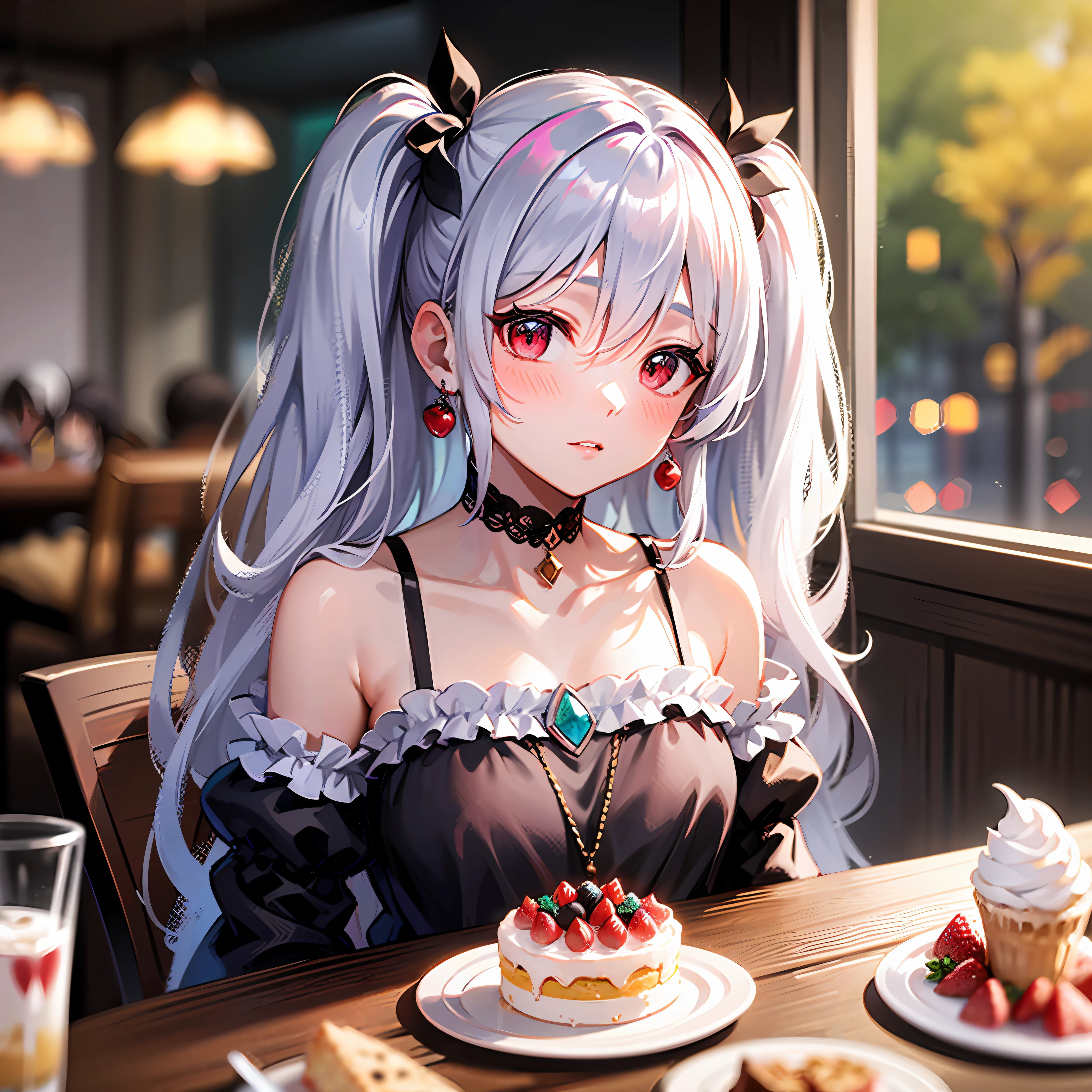 masterpiece, best quality, (blurry:1.000), (blurry background:1.000), (blurry foreground:1.000), (depth of field:1.000),jewelry,silver hair,1girl,hair between eyes,twintail long hair,cherry,earringscafe,collarbone,pov across table,fruit,dessert,looking at viewer, small chest ,red eyes,table,whipped cream,photo background,strawberry shortcake,motion blur,sitting,blush,pink shirt,cake slice,ice cream,bangs,black dress,indoors,bare shoulders,restaurant,swept bangs