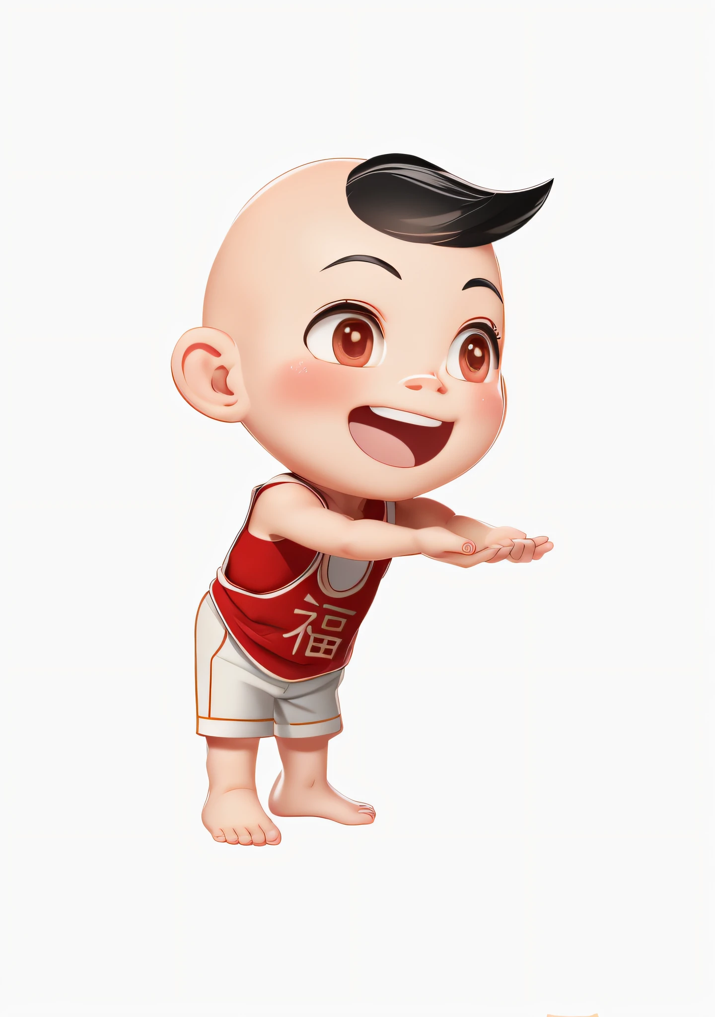 (Masterpiece: 1.3), (Best Quality: 1.3), (Masterpiece: 1.3), (Best Quality: 1.3), (8k wallpaper), (Ultra High Resolution), Full Body, (Bicephal: 2), (Natural Skin Texture), (Beautiful and Beautiful), (Very Detailed CG, Intricate Details), White Background, (White Background: 1.5), 1 Boy, Cute, Happy Face, Bald Head, A Small Piece of Black Hair in the Middle, Solo, Chibi, Chibi, (Chinese Style: 1.5), Hanfu, Red belly pocket, sleeveless, horse face clothing, barefoot, no shoes.