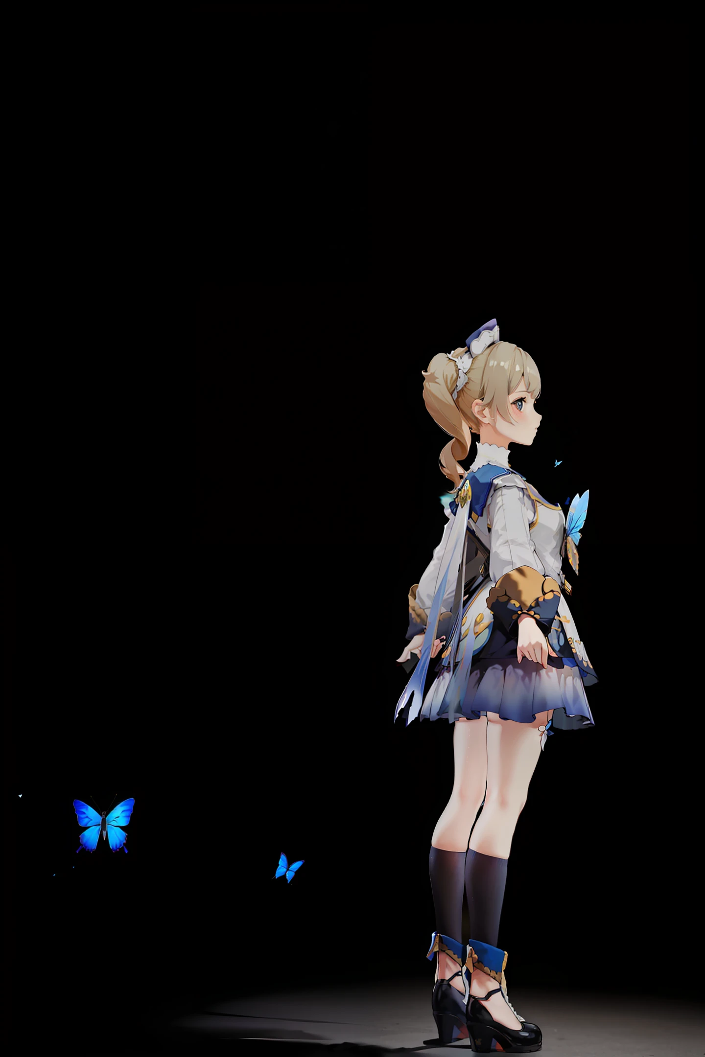 Blue stockings, girly, , butterfly fly, blonde hair, double ponytail