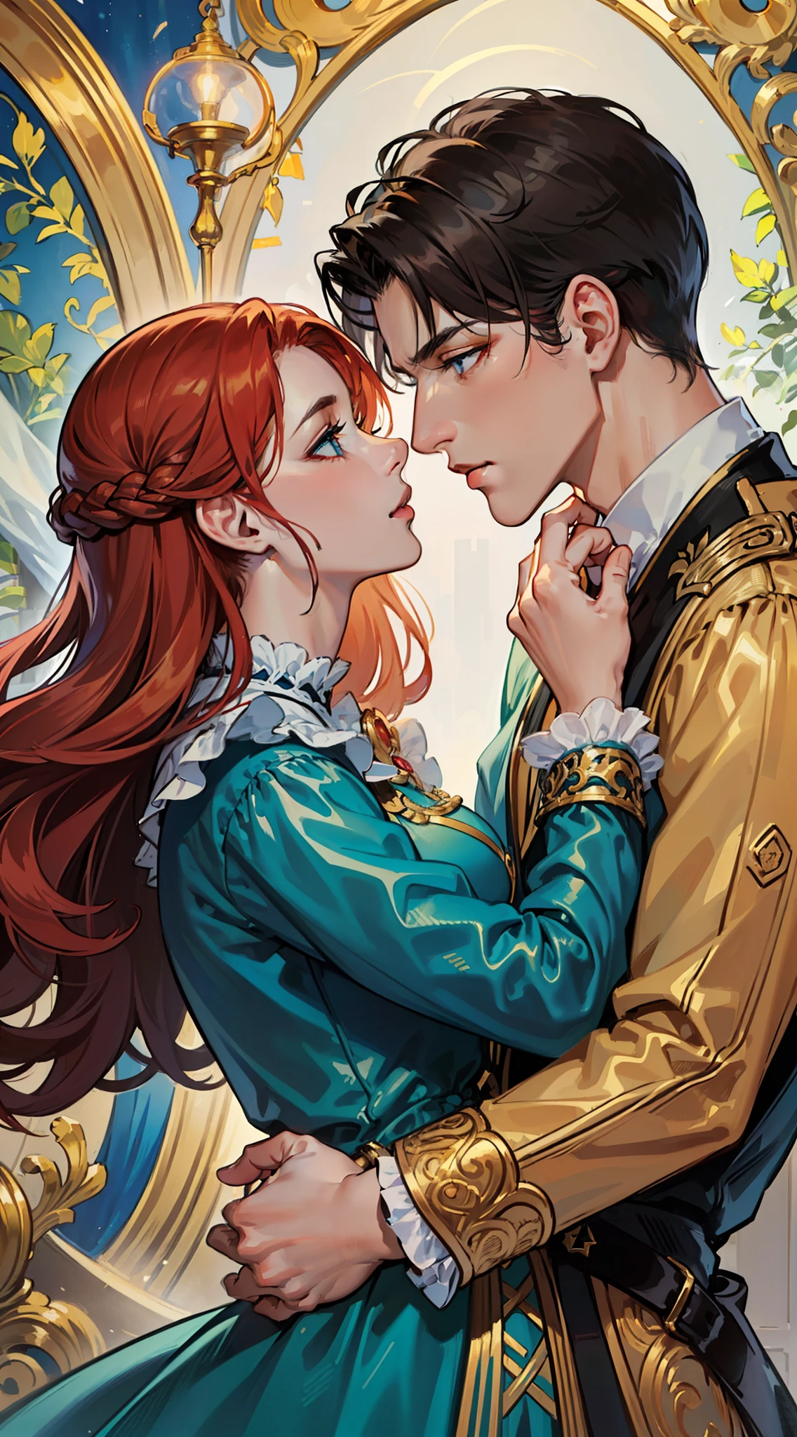 (((Masterpiece)), the best quality, special illustrations, a pair of kisses, soft focus, 1 boy with short black hair, blue eyes, 1 girl with long wavy red hair, golden eyes, costumes for elaborate evening dresses, Victorian romanticism, gorgeous and refined atmosphere, soft light and warm lighting.