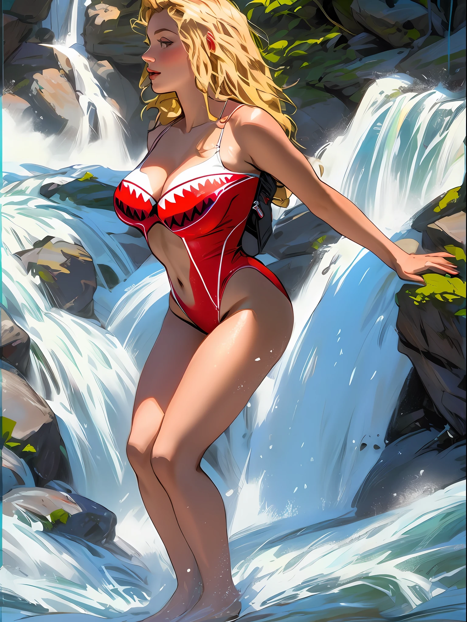 Blonde woman in a red swimsuit posing in front of a waterfall, Amouranth as a super villain, Yoshitakka Amano Karol Bak, realistic bikini, profile picture, Amouranth, is wearing a swimsuit, photorealistic perfect body, full body in sight, swimsuit model, better known as Amouranth, full body vision, P40, shark mouth equal to the P-40 plane paintings of World War II, cyberpunk