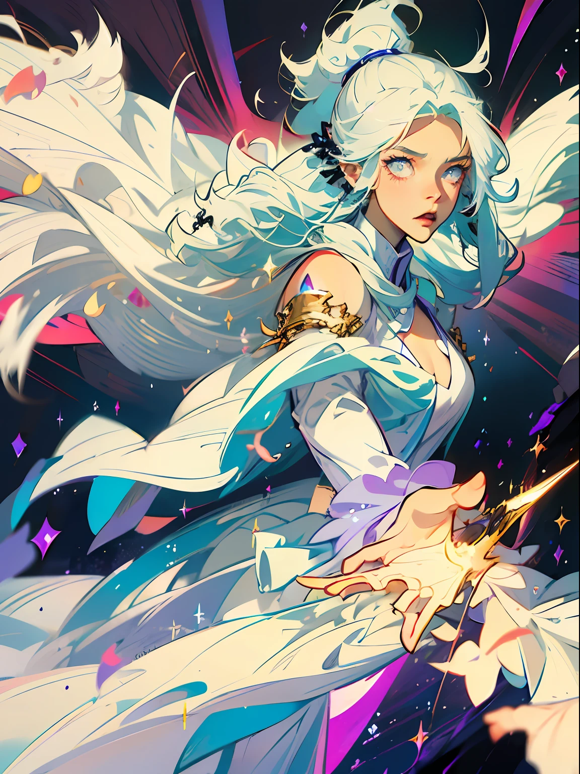 1girl, fringe, white eyes, tornado, wearing a white transparent robe, holding a glowing white sword, strong wind around her, tornado in her hands, in the clouds, flowing in the clouds, flying, day time, blue and purple sky, twin drills, shiny hair, halo, glowing eyes, angry, serious, evil, anime, Action painting, anime style, blurry, sparkle, motion blur, depth of field, cinematic lighting, film grain, drop shadow, Fujicolor, silhouette, speed lines, masterpiece, anatomically correct, high details, best quality, high quality, highres
