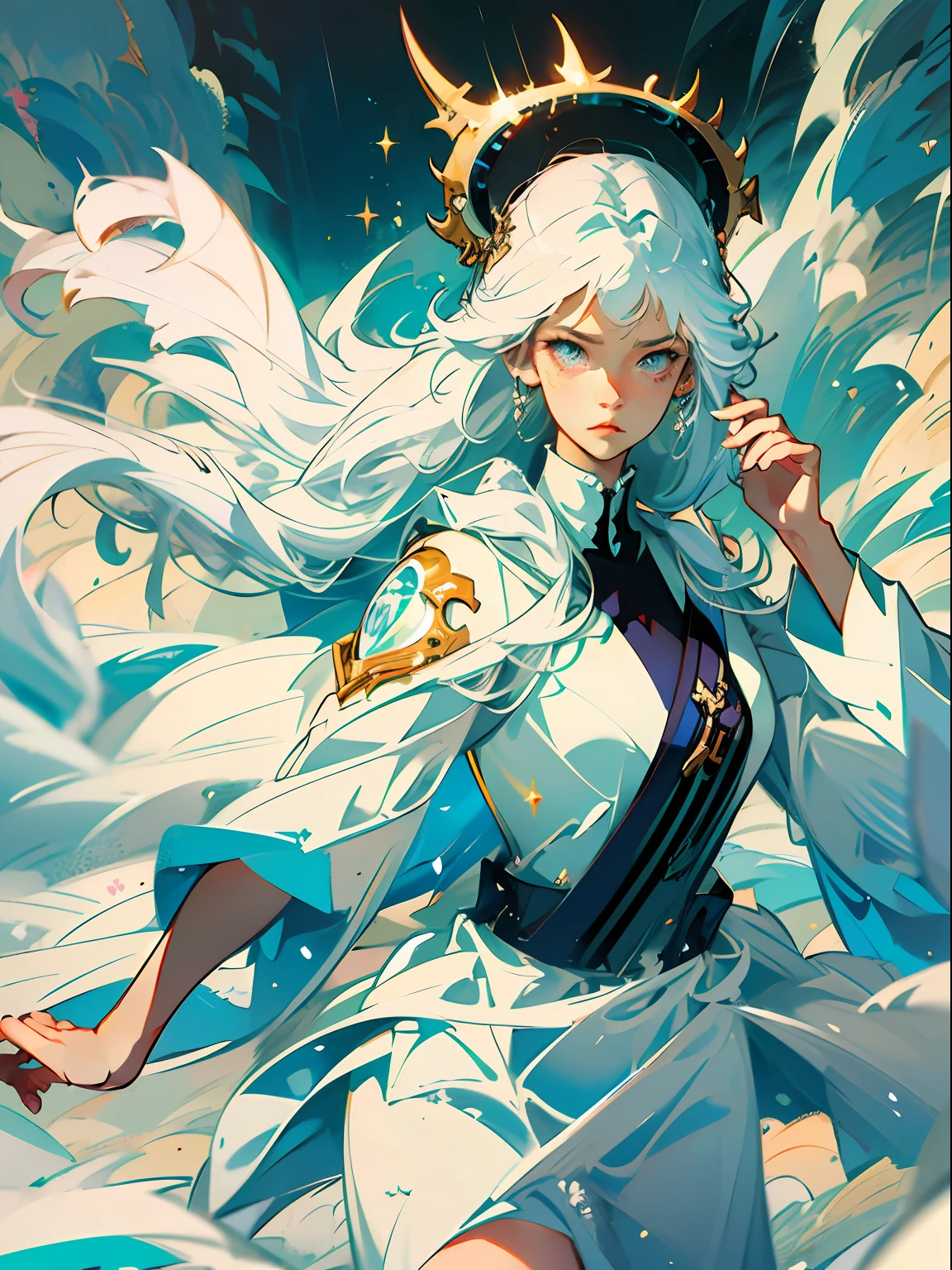 1girl, fringe, white eyes, tornado, wearing a white transparent robe, holding a glowing white sword, strong wind around her, tornado in her hands, in the clouds, flowing in the clouds, whirlwind, flying, day time, blue sky, twin drills, shiny hair, halo, glowing eyes, angry, serious, evil, anime, Action painting, anime style, blurry, sparkle, motion blur, depth of field, cinematic lighting, film grain, drop shadow, Fujicolor, silhouette, speed lines, masterpiece, anatomically correct, high details, best quality, high quality, highres, shiny white