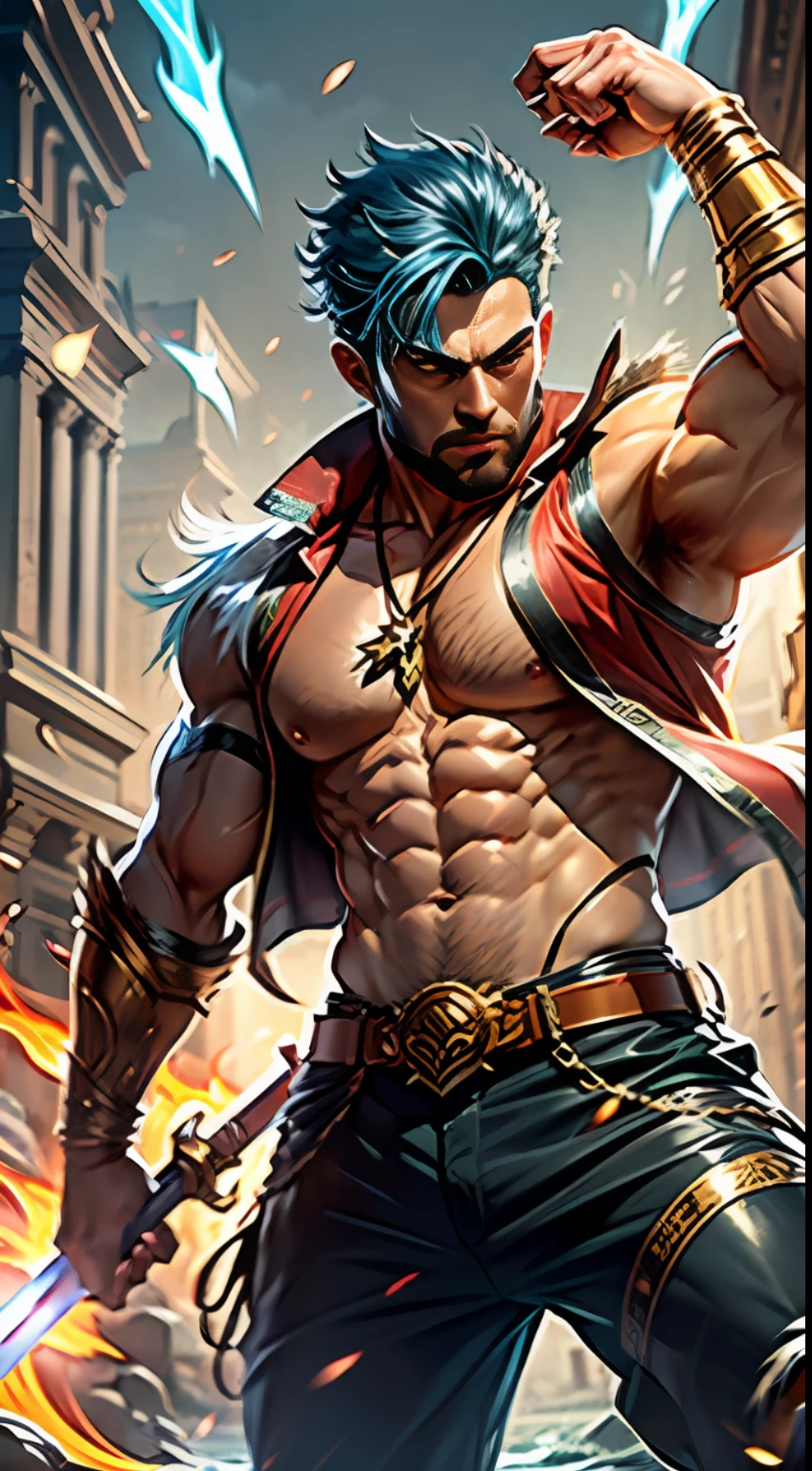 Best quality: 1.3), (Masterpiece: 1.3), (Realistic: 1.4), (Detail: 1.1), young, handsome, mighty, blue hair, short hair, eyes with gods, sword eyebrows, high nose, thick lips, resolute expression, delicate and perfect face, ultra-fine details, flame-like hair ornaments, red vest, black pants, red belt, wearing combat boots, tall, strong, muscular, golden armbands on arms, holding a square halberd, combat posture display, dynamic photography, animal claws on both feet, Divine power overflowing, man in the sky, mythological background