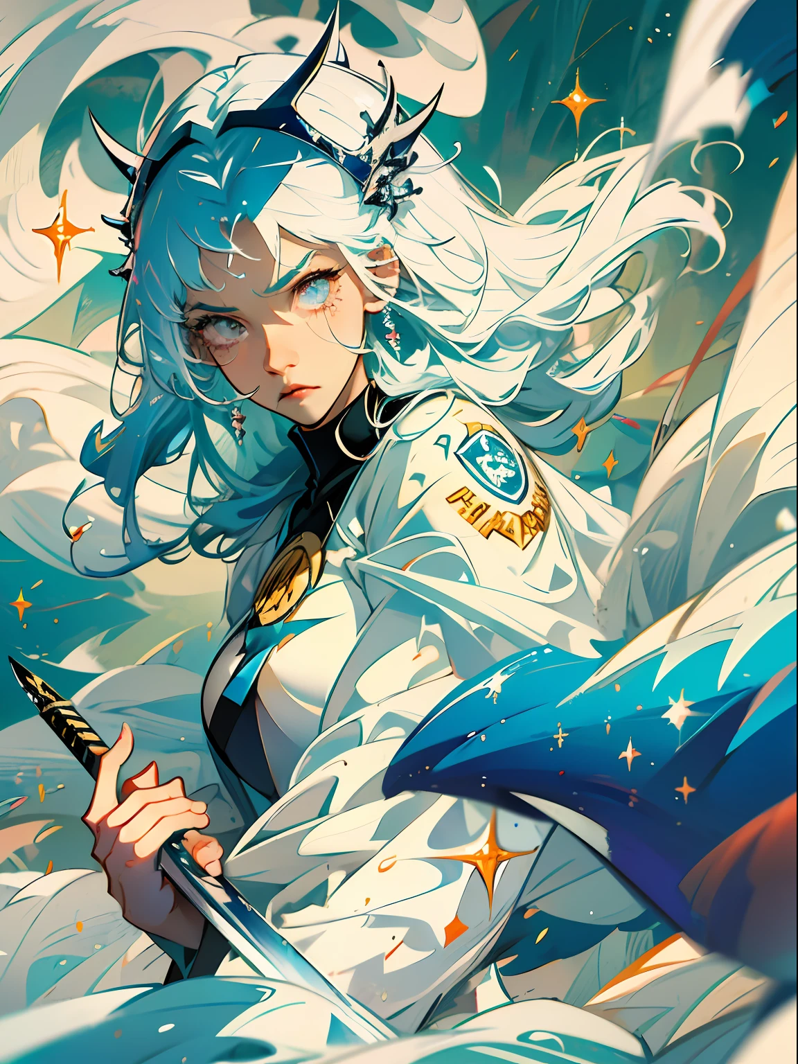 1girl, fringe, white eyes, tornado, wearing a white transparent robe, holding a glowing white sword, strong wind around her, tornado in her hands, in the clouds, flowing in the clouds, whirlwind, flying, day time, blue sky, twin drills, shiny hair, halo, glowing eyes, angry, serious, evil, anime, Action painting, anime style, blurry, sparkle, motion blur, depth of field, cinematic lighting, film grain, drop shadow, Fujicolor, silhouette, speed lines, masterpiece, anatomically correct, high details, best quality, high quality, highres, shiny white