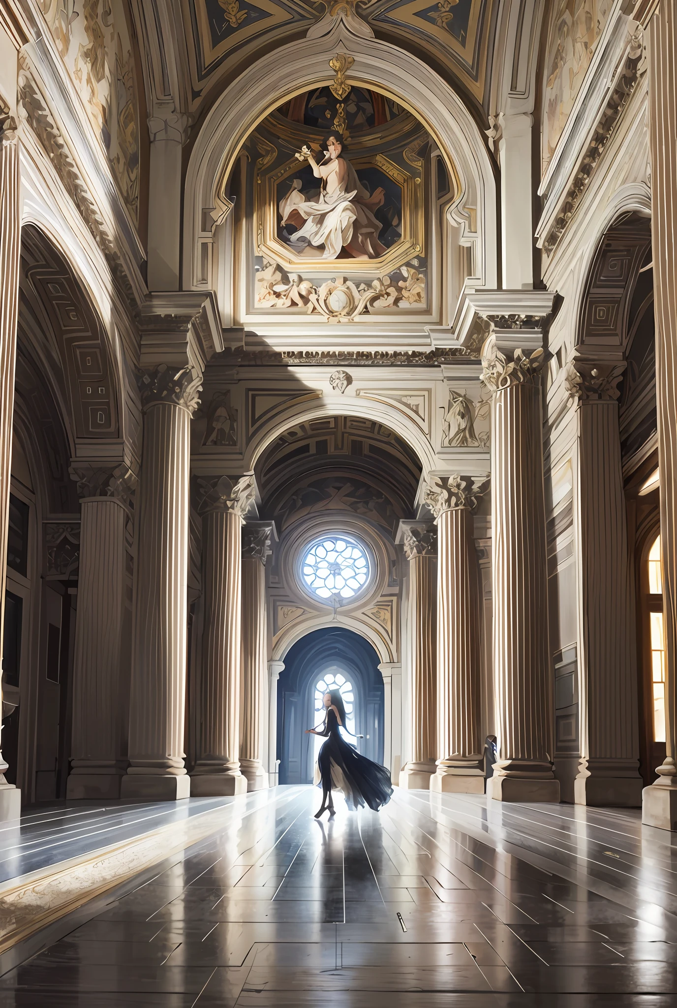 Model shooting style, (extremely detailed CG Unity 8k wallpaper), full-shot body photo of the most beautiful artwork in the world, stunning beautiful photo realistic available, super realistic super detailed photo, a beautiful girl as a female dancer entering the Loggia dei Lanzi of Florence,complex dress, banquet, crowd, [slight smile], (Sculpture of Hercules background), (princess eyes, shining pupils), detailed symmetrical beautiful hazel eyes, detailed gorgeous face, highly detailed, Vibrant, professional majestic oil painting by Ed Blinkey, Atey Ghailan, Studio Ghibli, Jeremy Mann, Greg Manchess, Antonio Moro, ArtStation Trends, CGSociety Trends, Complex, High Detail, Sharp Focus, Dramatic, Realistic Painting Art, by Midjourney and Greg Written by Rutkowski