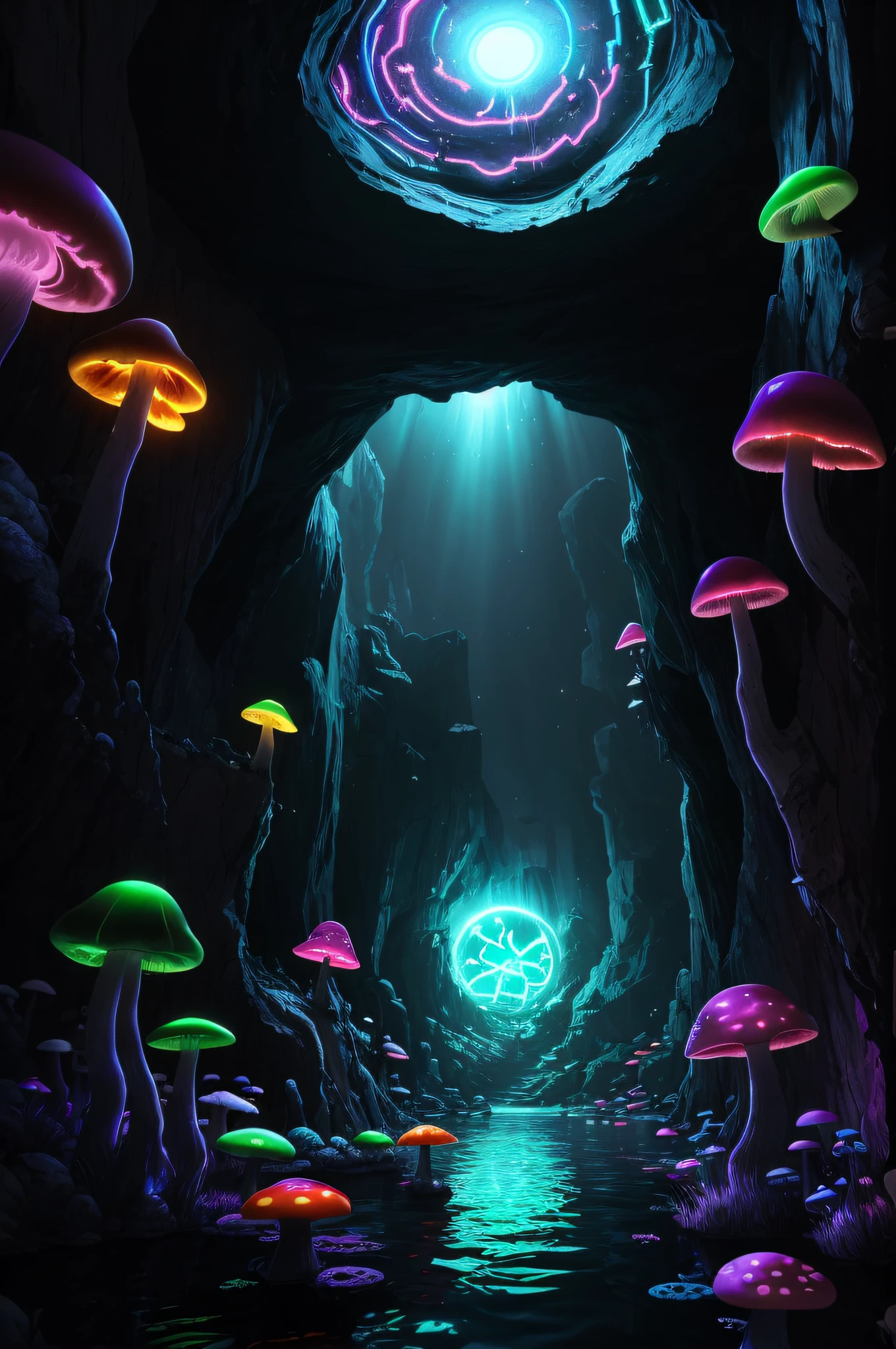a big cave, spherical, round, (big glowing lake):1.8, no gravity, horror, dark setting, sparkle in the air, dark fog, lightning, grafiti, (skulls:1.1), (psychodelic:2), colorful, rgb, ((neon mushrooms)), gloomy mushrooms, radiant light, acid, LSD, beautiful, masterpiece, best quality, highres, 8k, (insanely detailed), reflections:1.15,