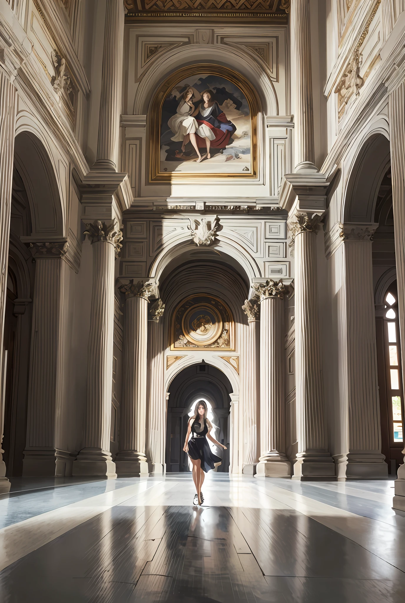 Model shooting style, (extremely detailed CG Unity 8k wallpaper), full-shot body photo of the most beautiful artwork in the world, stunning beautiful photo realistic available, super realistic super detailed photo, a beautiful girl as a female dancer entering the Loggia dei Lanzi of Florence,complex dress, banquet, crowd, [slight smile], (Sculpture of Hercules background), (princess eyes, shining pupils), detailed symmetrical beautiful hazel eyes, detailed gorgeous face, highly detailed, Vibrant, professional majestic oil painting by Ed Blinkey, Atey Ghailan, Studio Ghibli, Jeremy Mann, Greg Manchess, Antonio Moro, ArtStation Trends, CGSociety Trends, Complex, High Detail, Sharp Focus, Dramatic, Realistic Painting Art, by Midjourney and Greg Written by Rutkowski