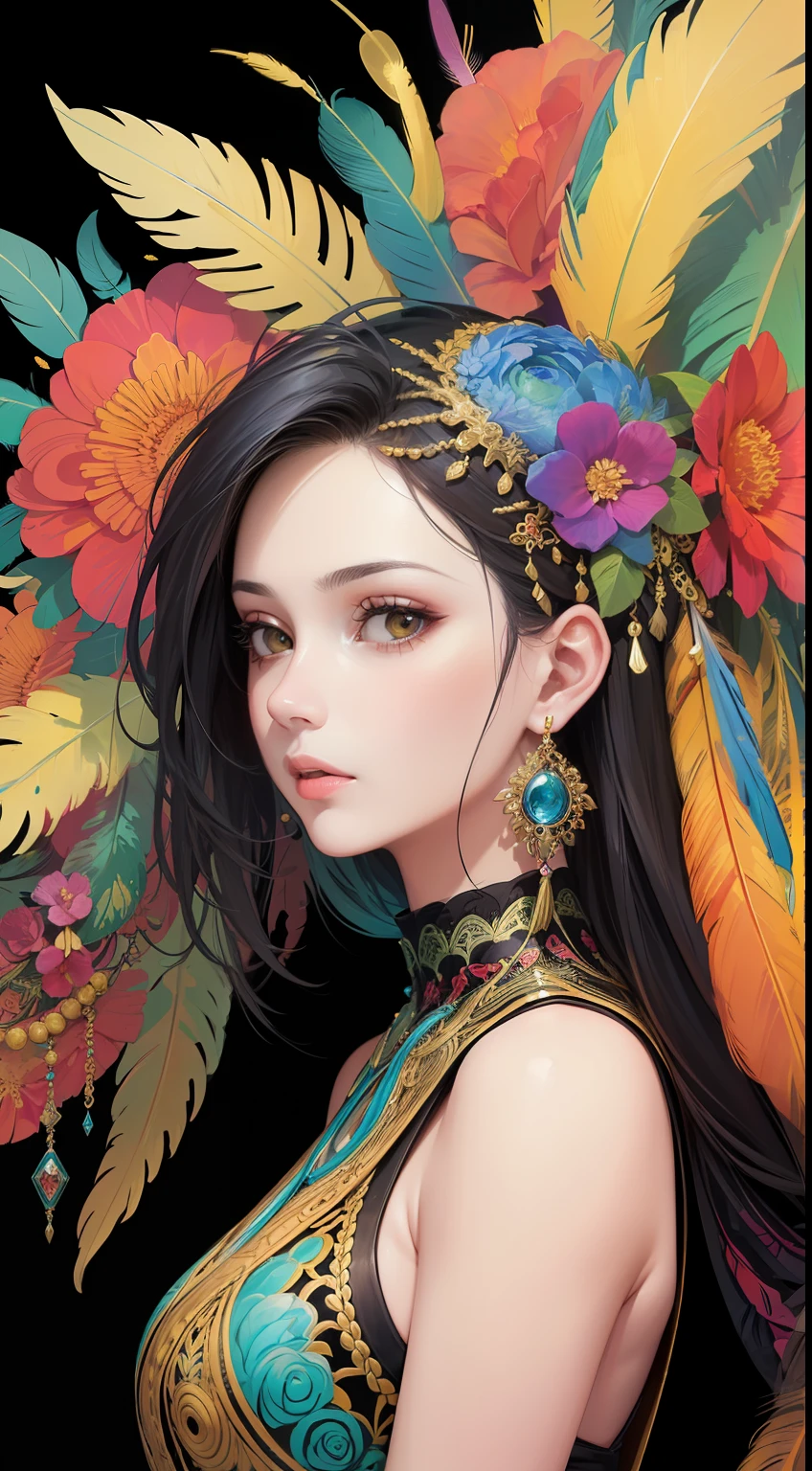 (masterpiece, top quality, best quality, official art, beautiful and aesthetic:1.2), (1girl:1.3), extremely detailed,(fractal art:1.1),(colorful:1.1)(flowers:1.3),highest detailed,(zentangle:1.2), (dynamic pose), (abstract background:1.3), (many colors:1.4), ,(earrings), (feathers:1.5)