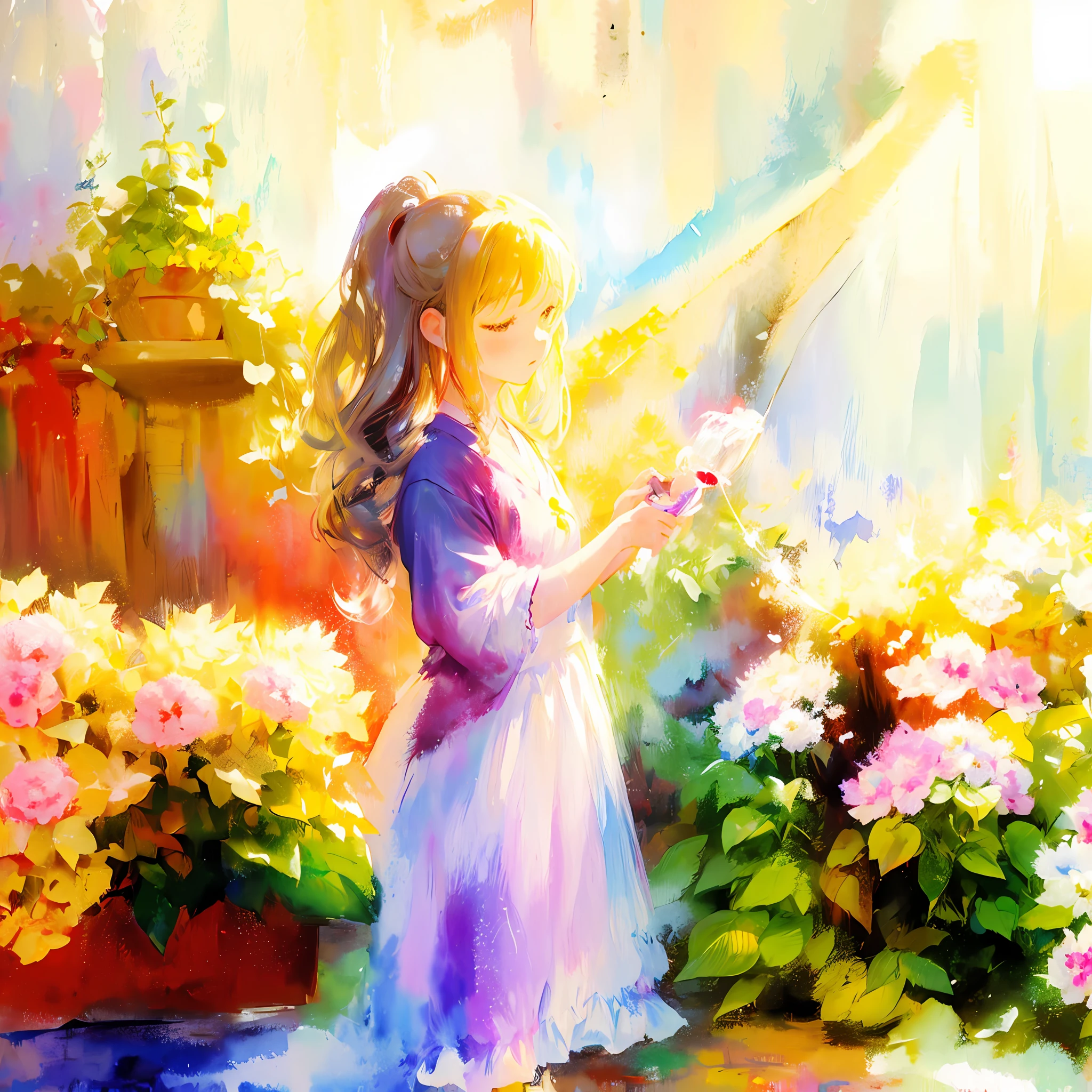 Vague and draft-like depiction, rough, detailed watercolor, soft and fantastic, pastel, fluffy, Renoir, Girl watering flower bed at home, morning sun pouring down from the sky, distant mountains shining in the morning sun、シャワーで遊んで水がかかる、水しぶきが朝陽に反射し光輝く