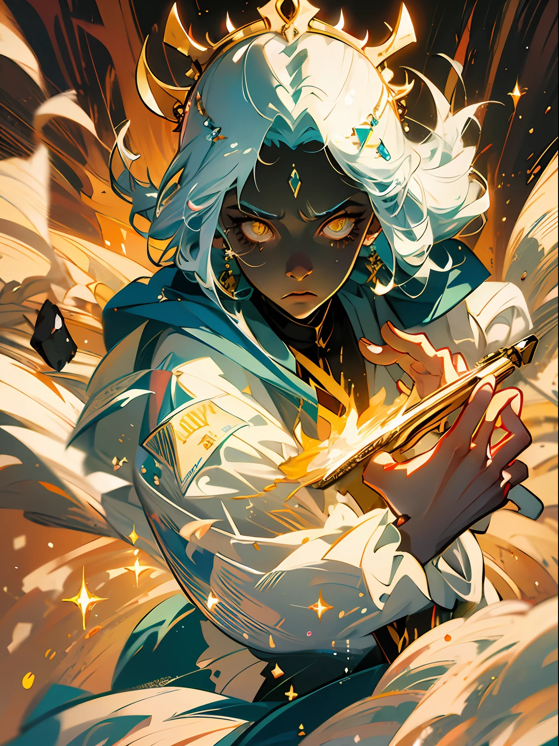 1girl, fringe, white eyes, earthquake, wearing a brown and yellow transparent robe, holding a golden hammer, rocks flowing, flying rocks, dust and sand, in the desert, day time, yellow sky, twin drills, shiny hair, halo, glowing eyes, angry, serious, evil, anime, Action painting, anime style, blurry, sparkle, motion blur, depth of field, cinematic lighting, film grain, drop shadow, Fujicolor, silhouette, speed lines, masterpiece, anatomically correct, high details, best quality, high quality, highres, shiny yellow