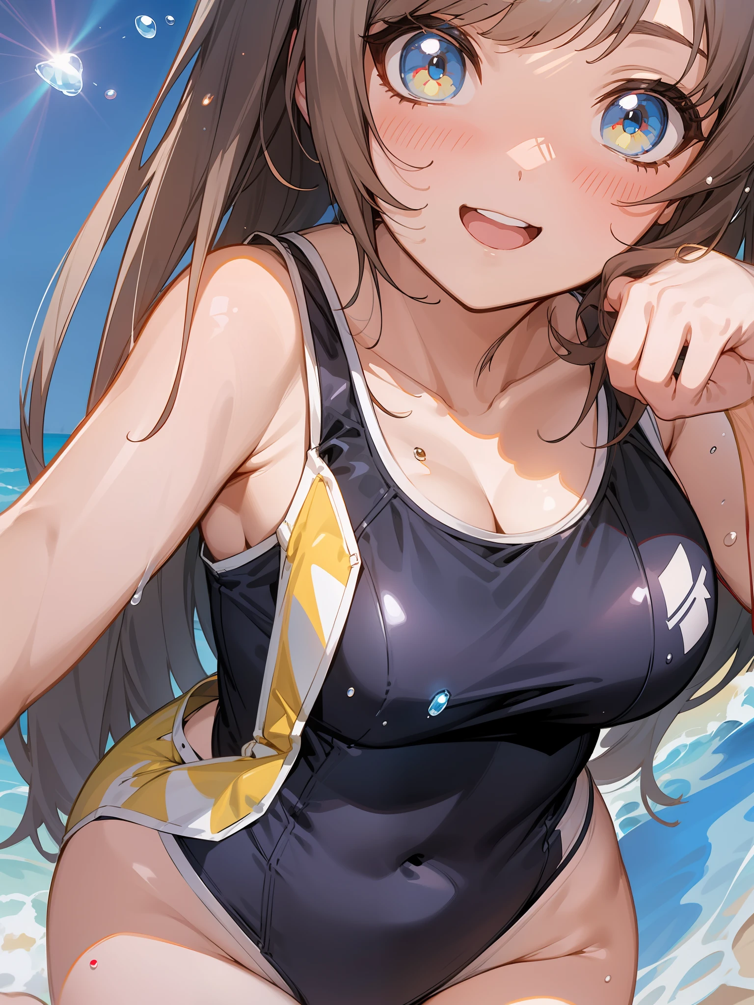 Anime girl in see-through swimsuit with smile, fleet collection style, anime moe art style, swimsuit sticking to skin, splash art anime loli, seductive anime girl, smooth anime CG art, wearing thin fabric swimsuit. Inflated bust tops, Girls Frontline, Marine Kitagawa Fan Art, Charming anime girls, from Girls Frontline, pixiv, 4 K manga wallpapers