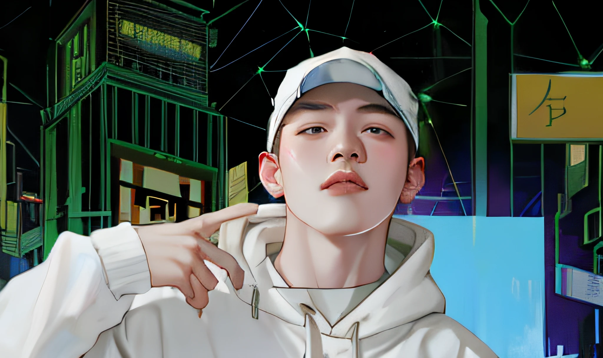 there is a man in a white hoodie and a white cap, yanjun chengt, inspired by Ding Yunpeng, inspired by Yanjun Cheng, bladee from drain gang, inspired by Xiao Yuncong, nft portrait, inspired by Bian Shoumin, inspired by Huang Gongwang, inspired by Ding Guanpeng, inspired by Chen Daofu, cai xukun