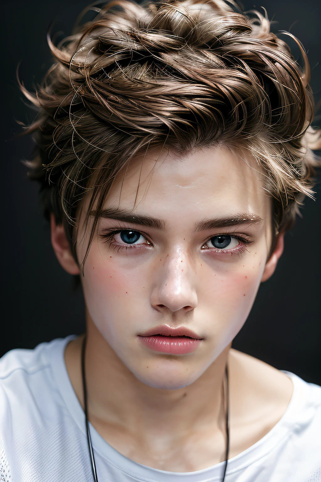 15 year old Caucasian model, close-up, masterpiece, best quality, raw photo, photorealistic, face, incredibly ridiculous, beautiful boy, cute, detailed eyes, straight hair, depth of field, high resolution, ultra detail, fine detail, very detailed, very detailed eyes and face, sharp pupils, realistic pupils, sharp focus, cinematic lighting, black hair, Clean clothing, Face closeup, Masterpiece, Realistic skin texture, Ultra detail, Glossy hair and skin, Small face, Thick eyebrows, White T-shirt