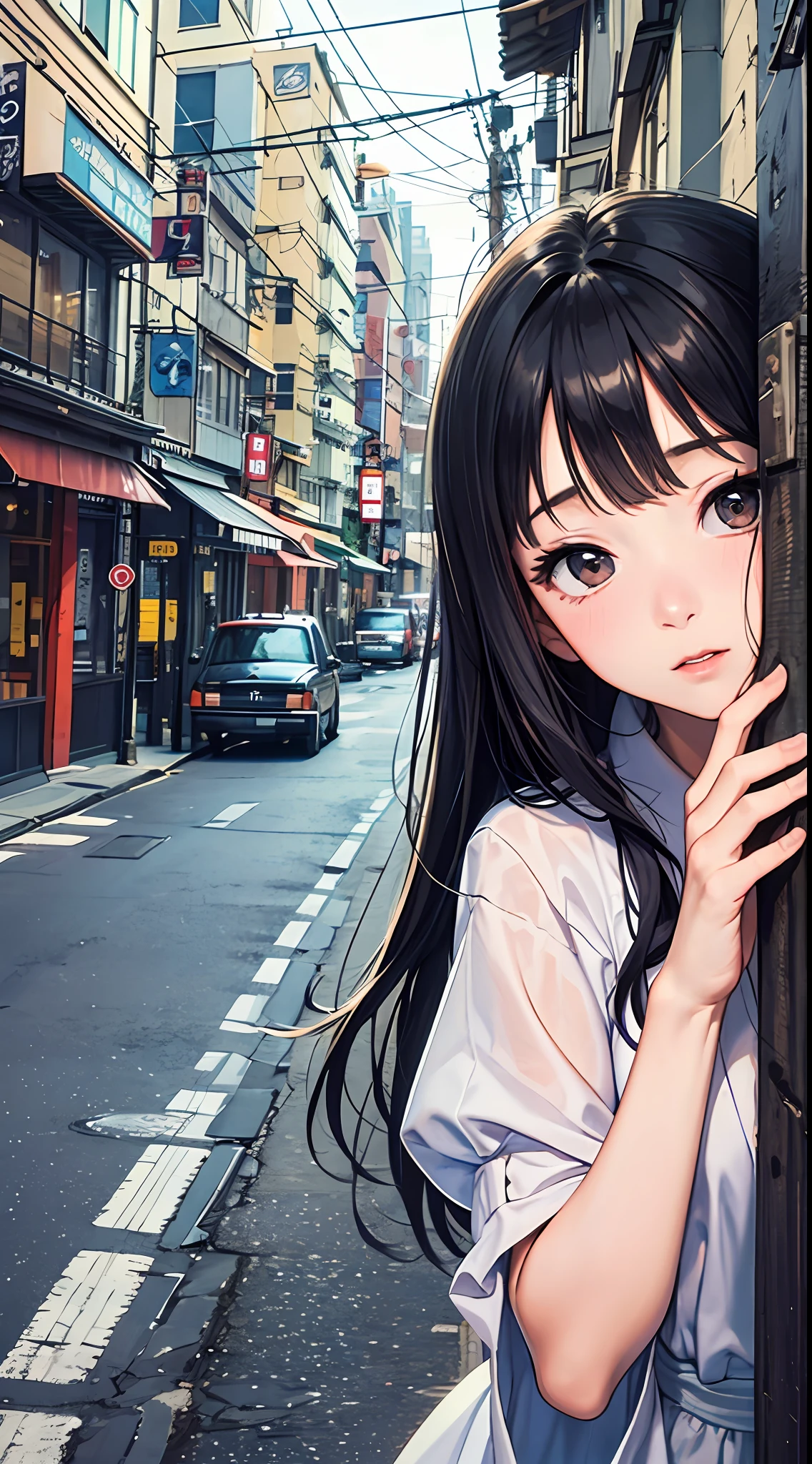 ((best quality))), (((masterpiece))), ((perfect face)),nsfw,One woman, long black hair, in the city, hiding behind a telephone pole, trying not to be found, looking at us, embarrassed, curious, unrequited love, Showa era Japan, nostalgic,teasing, bashful,((confesses and runs away)),