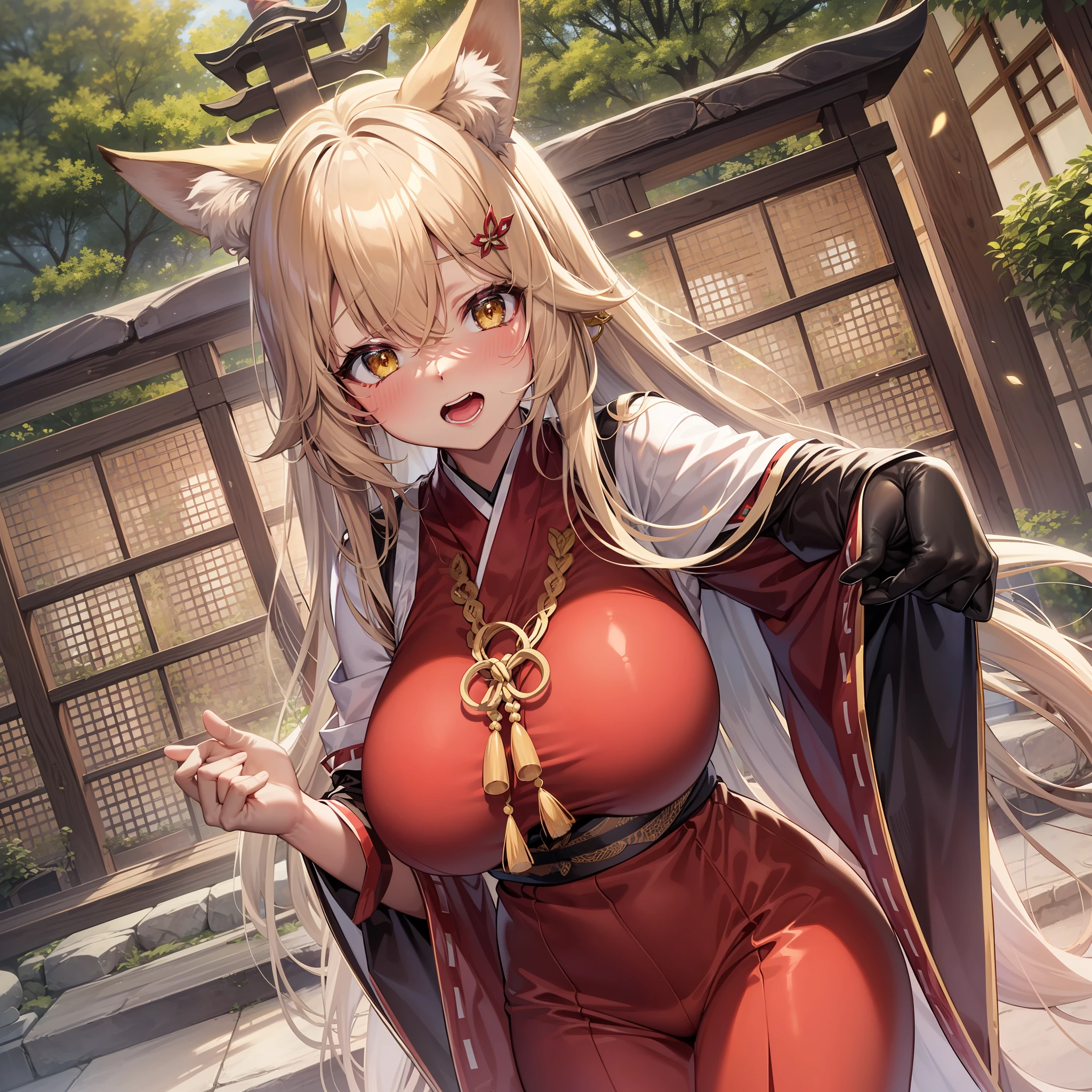masterpiece, best quality, miko uniform ,yellow fox girl,yellow eyes,{dark skin} ,huge breasts ,shiny skin,embarrassed,open mouth,[nsfw],blonde,long hair,,outdoor,covered, standing, japanese shrine