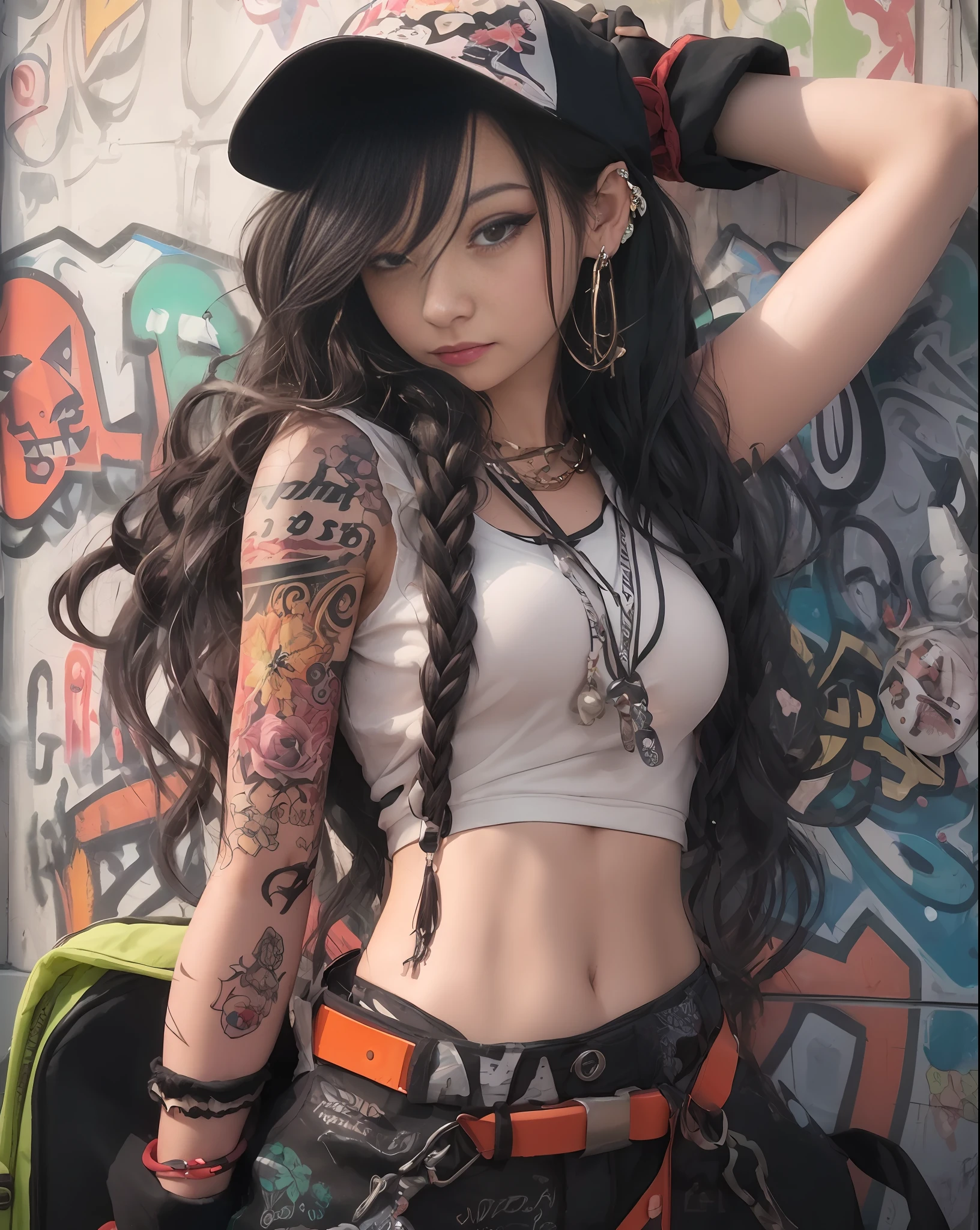 arafed woman with long hair and tattoos posing in front of graffiti wall, anime style. 8k, street style 4 k, artwork in the style of guweiz, cute girl, grunge styled 3d, real character; full body art, realistic girl 3 d style, adorably styled digital art, realistic real artstyle, seductive pretty girl, style anime, masterpiece, superdeformed, (((full body:1.3))), ultra high res, RAW photo, masterpiece, ultra detailed, 8k, full detailed hair, highres, best quality, ultra high res, ultra detailed face and eyes, (((photorealistic:1.4))), looking at viewer, (((smiling:1.5))), cute, (((large breast:1.5))), (((ray tracing:1.4))), ((((long legs:1.4)))), cute pout, Best quality , masterpiece, large hip, Fully facial detailed, beautiful, ((very detailed of hair )) , (((:1.2))), thin lips, big eyes, highres, seducing, blue eyes , slim waist, 8k:1.2, 16k:1.2, highres,
karol bak uhd, inspired by hajime sorayama,
