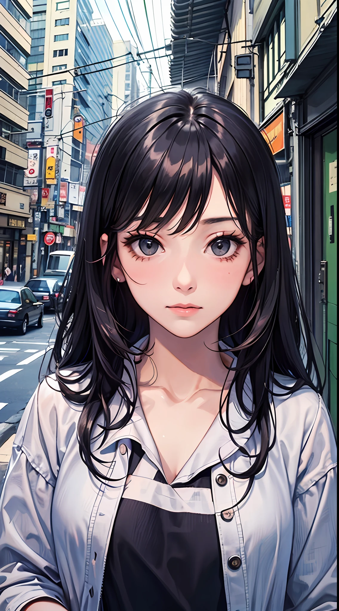((best quality))), (((masterpiece))), ((perfect face)),nsfw,One woman, long black hair, in the city, hiding behind a telephone pole, trying not to be found, looking at us, embarrassed, curious, unrequited love, Showa era Japan, nostalgic,teasing, bashful,((confesses and runs away)),