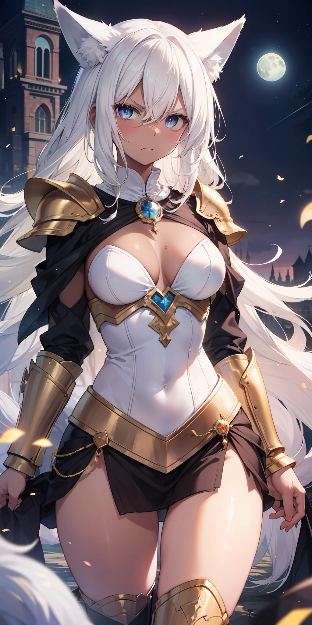 ((masterpiece)), ((best quality)), girl, ((beautiful body)), dark skin tone, ((well detailed eyes)), very long straight hair, ((white hair)), ((effect hair lights)), ((hair in eyes)), diamond armor, ((armor details)), ((gold details)), a cape, medium breasts, neck accessory, eyebrow, ((fox ear )), ((perfect)), ((angry)), ((stressful)), thin waist, thick legs, big thigh, ((background scenery)), ((Medieval kingdom)), ((battlefield )), (war), ((at night)), (moon), pov, looking at viewer, flushed, lustful,