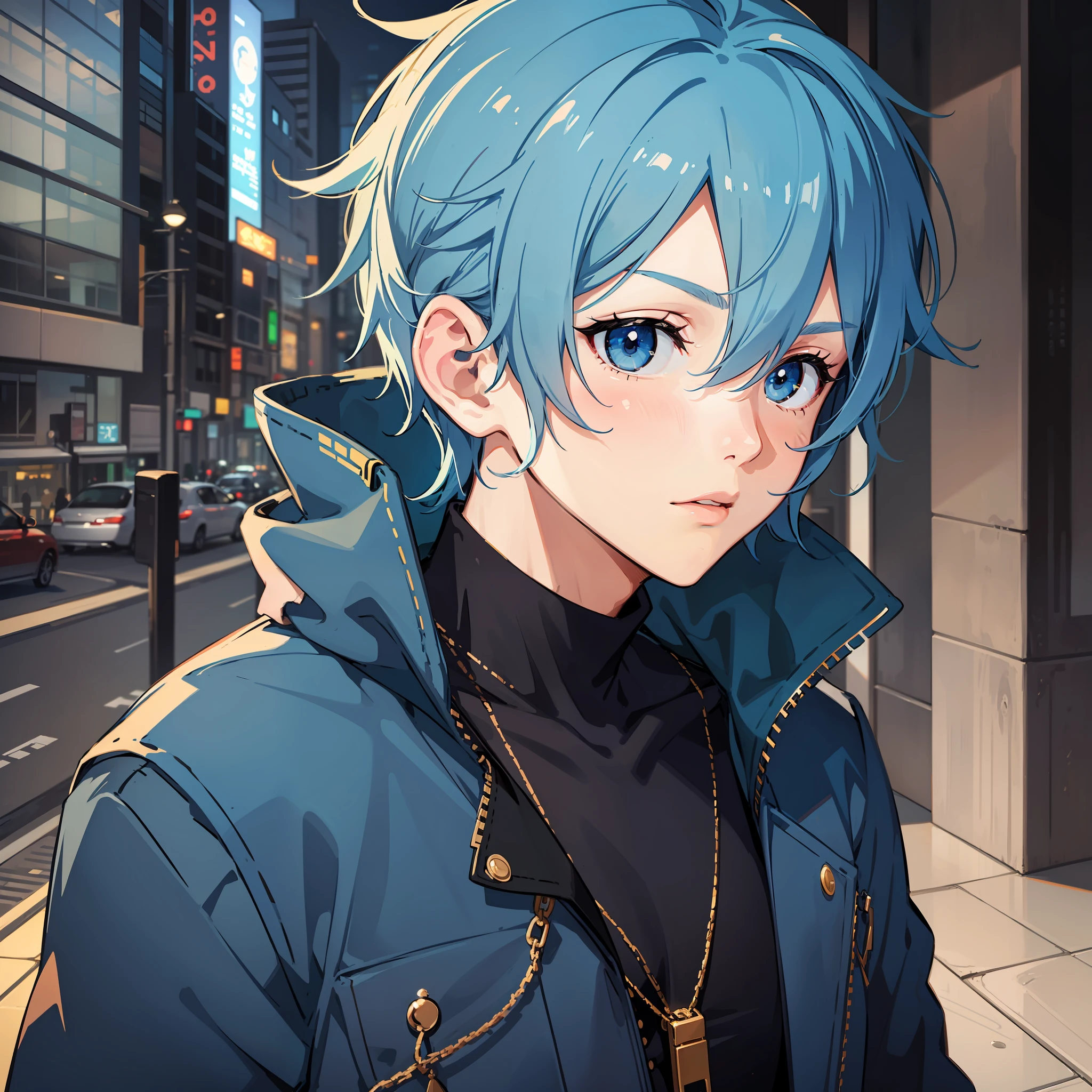 2d anime style, young male, blue hair, blue coat