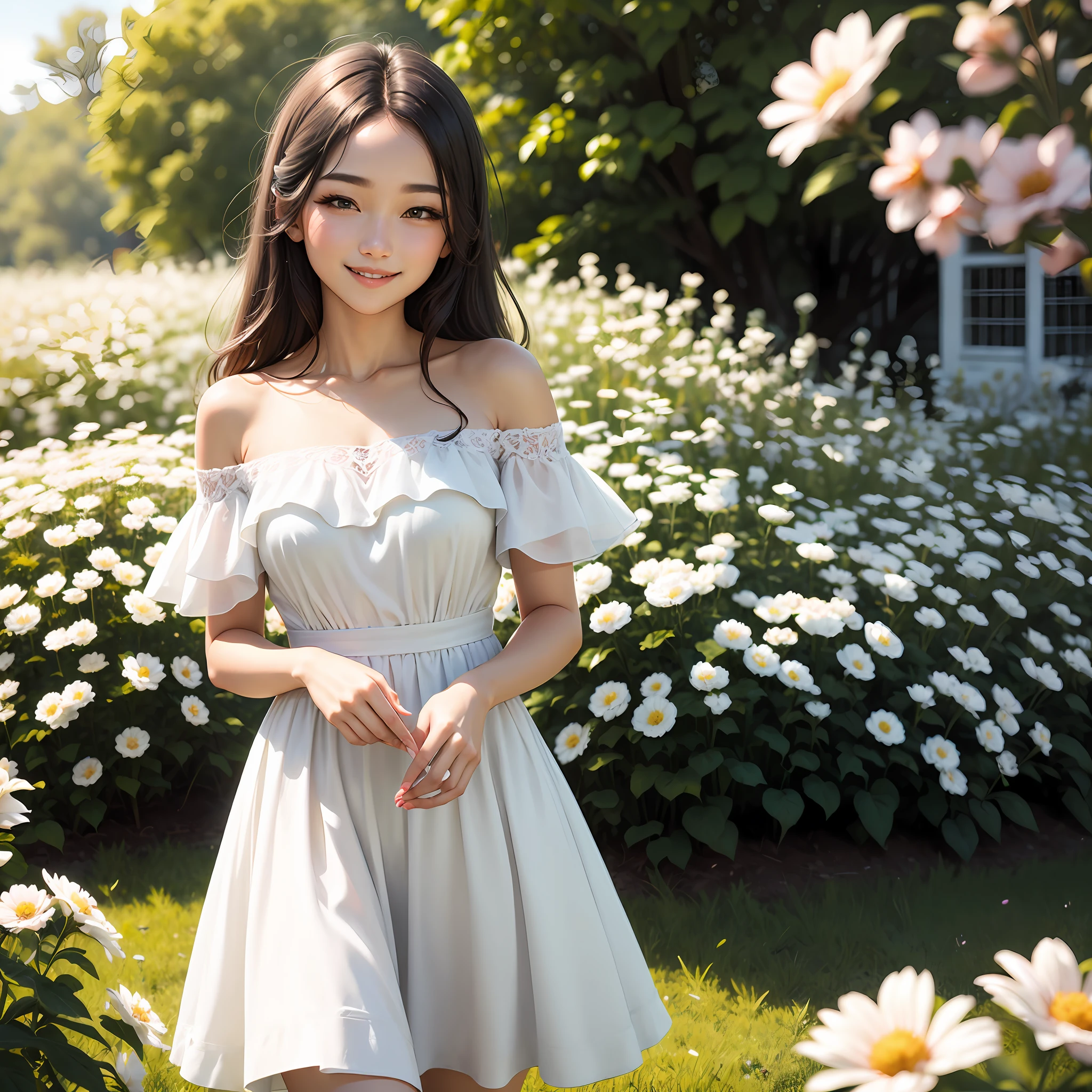 White dress, off-the-shoulder, blooming flower field, glowing skin, light smile --auto