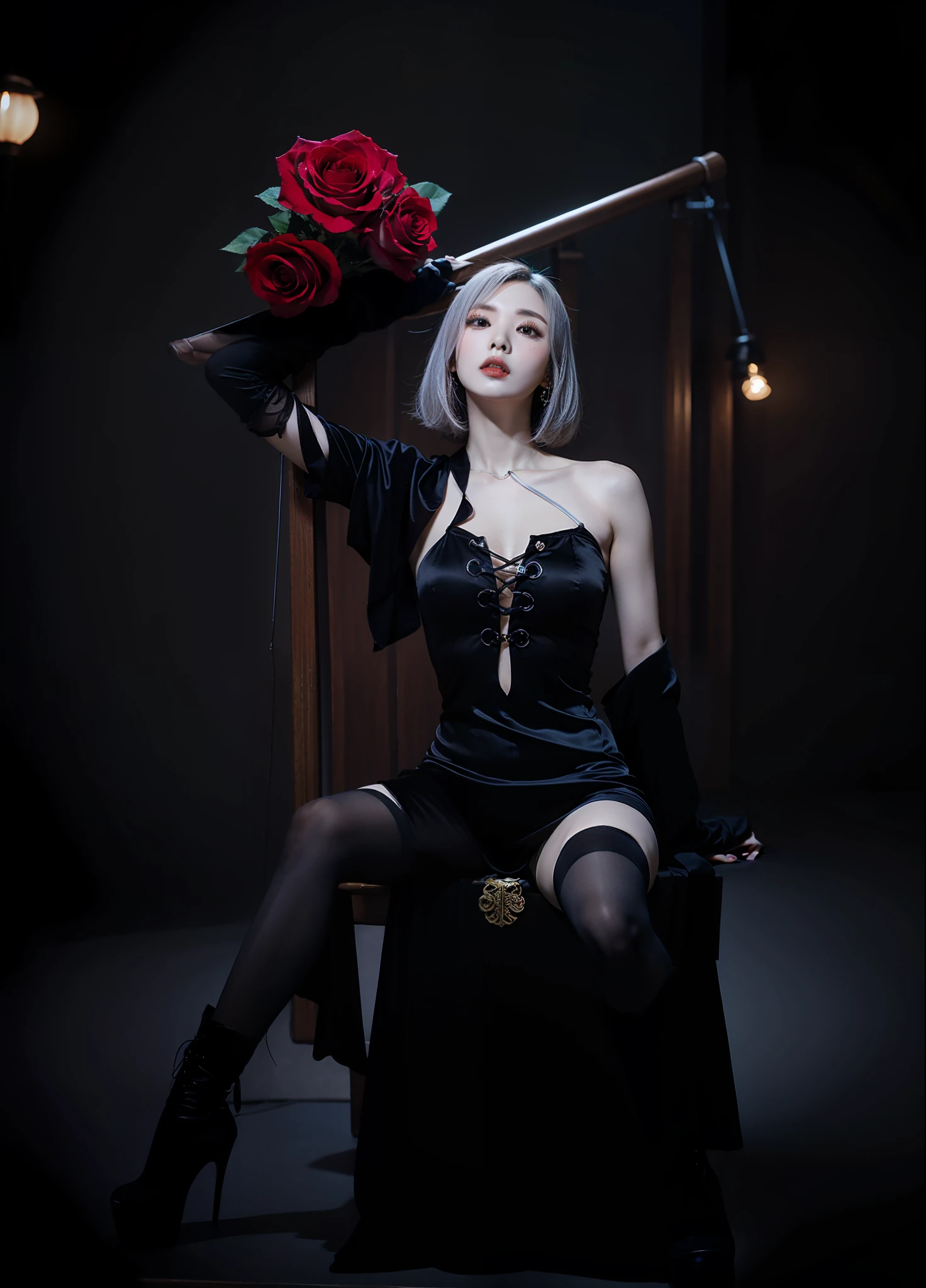 "4k, full body, an assassin, cos original drawing, rose, short silver hair, black cheongsam, off-the-shoulder, perfect portrait, perfect figure, noblewoman, silk satin, black stockings, black boots, sitting, looking up."